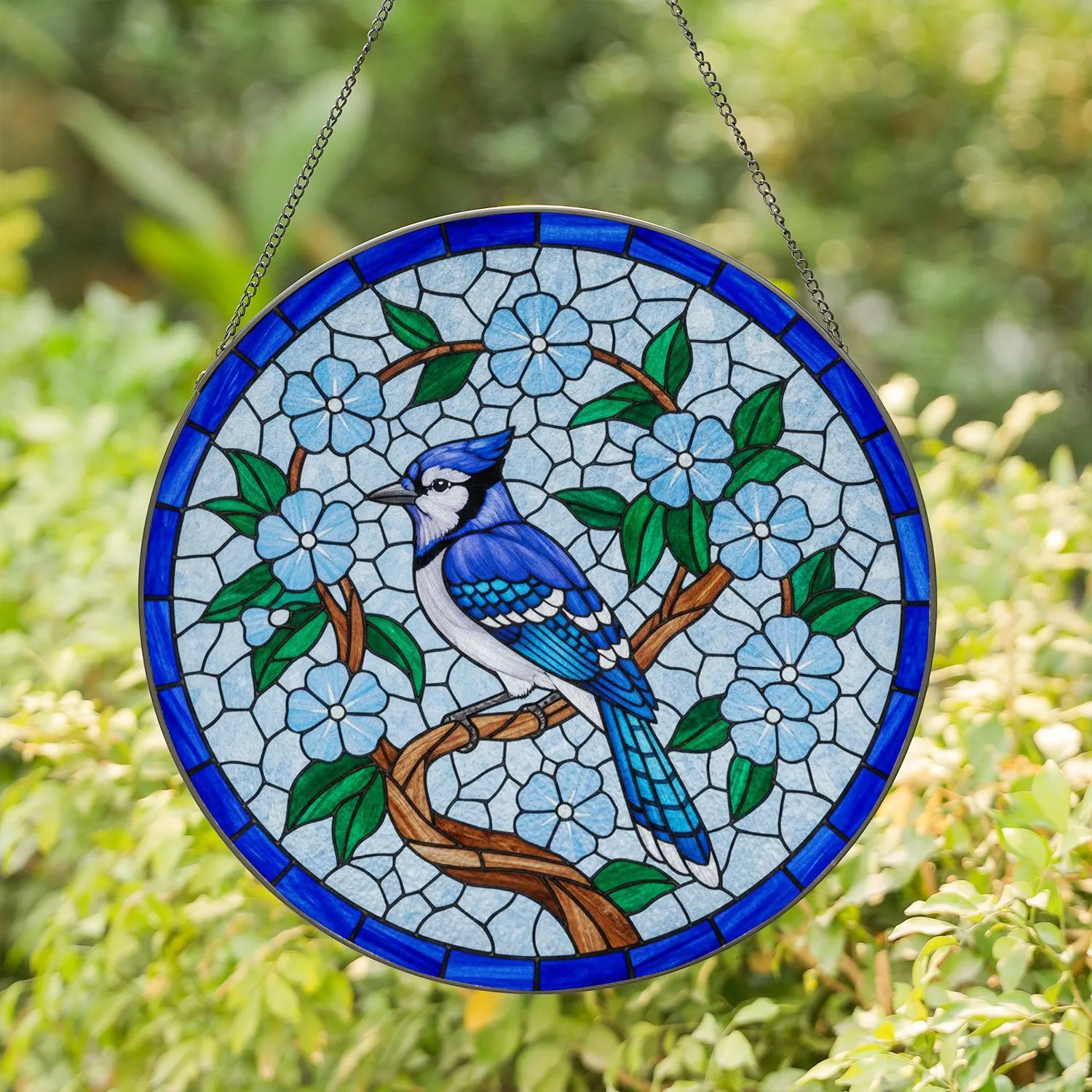 Blue Jay Stained Glass Flowers Branch Mosaic - Home Decor Gift for Bird Lover Stained Glass Suncatcher - 1