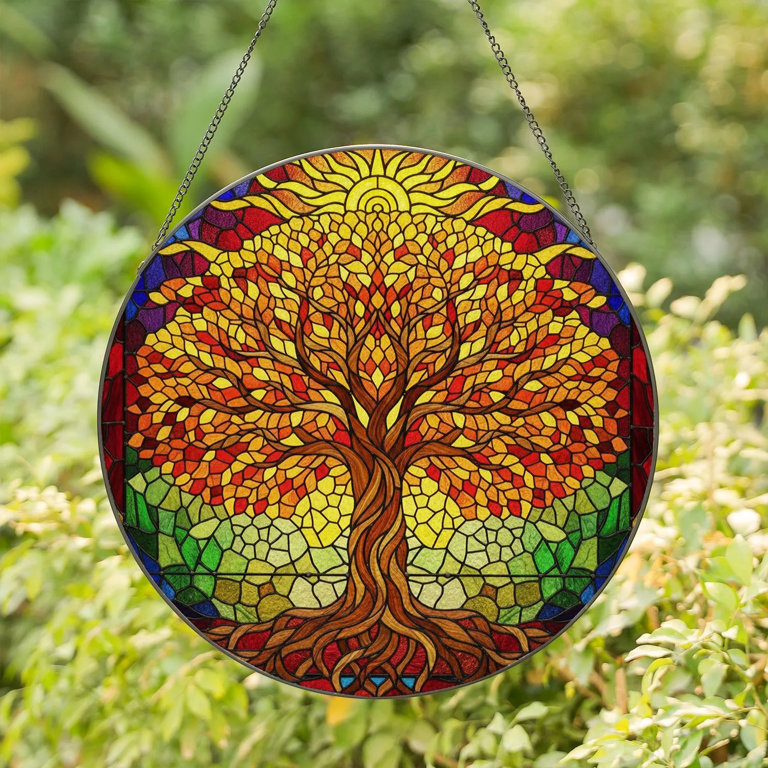 Stained Glass Tree of Life Sun Tiffany Autumn Leaves Home Decor Gift Stained Glass Suncatcher - 1