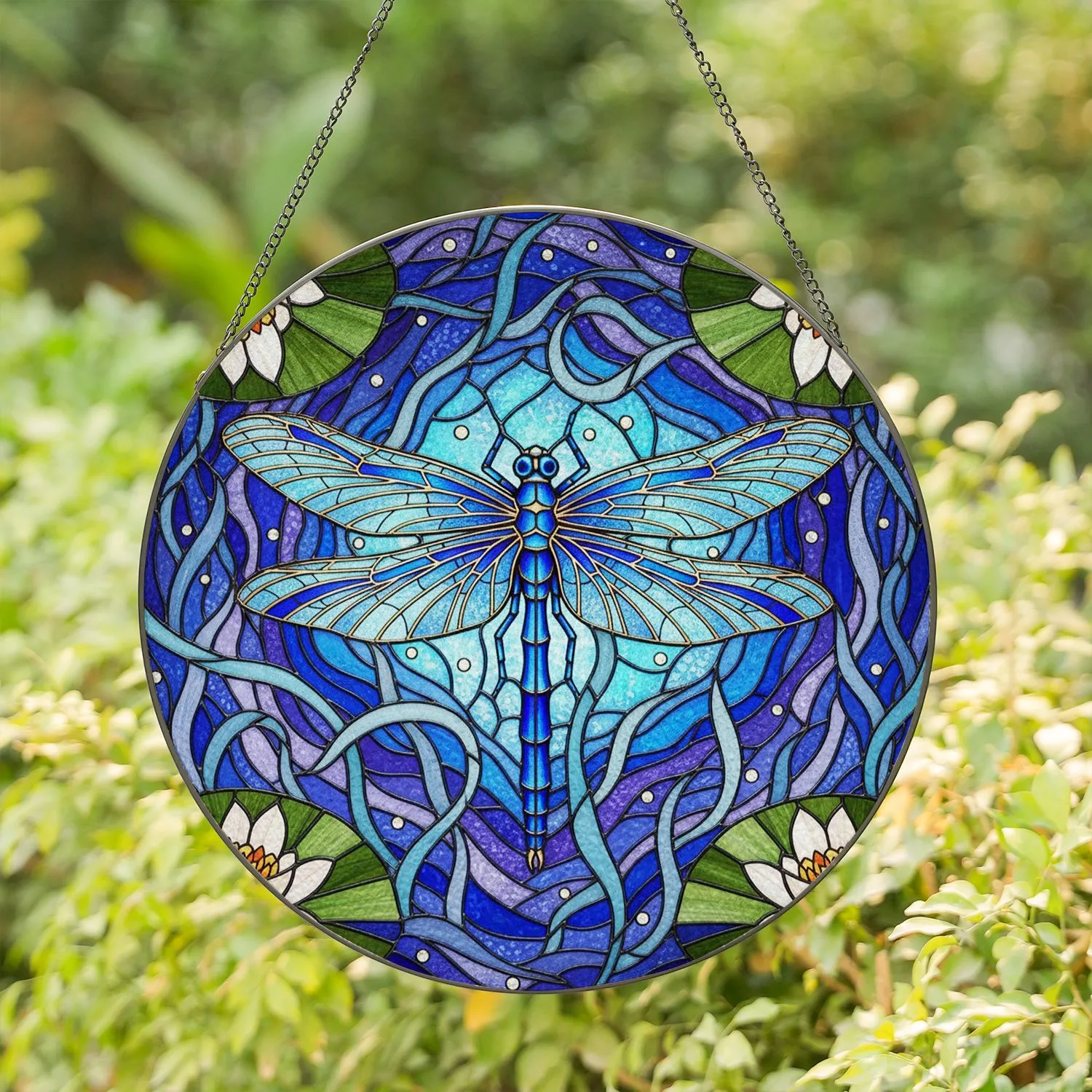 Blue Dragonfly Veined Wings Water Lilies Lily Pads - Wildlife Nature Lover Home Decor Gift Stained Glass Suncatcher - 1
