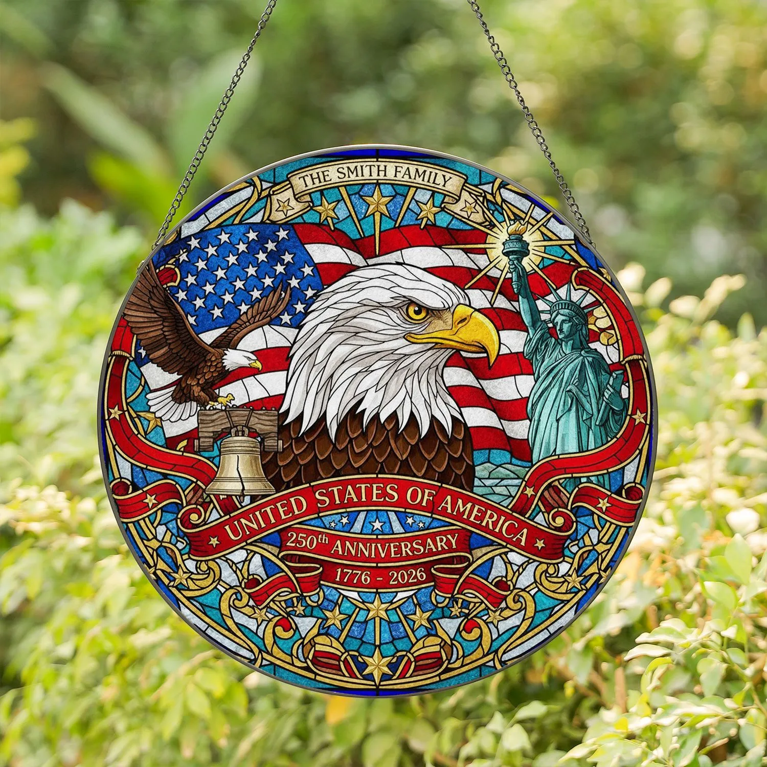 Custom Family Name Bald Eagle American Flag 1776-2026 - USA 250th Anniversary Independence Day Gift for Veterans Stained Glass Suncatcher - 1