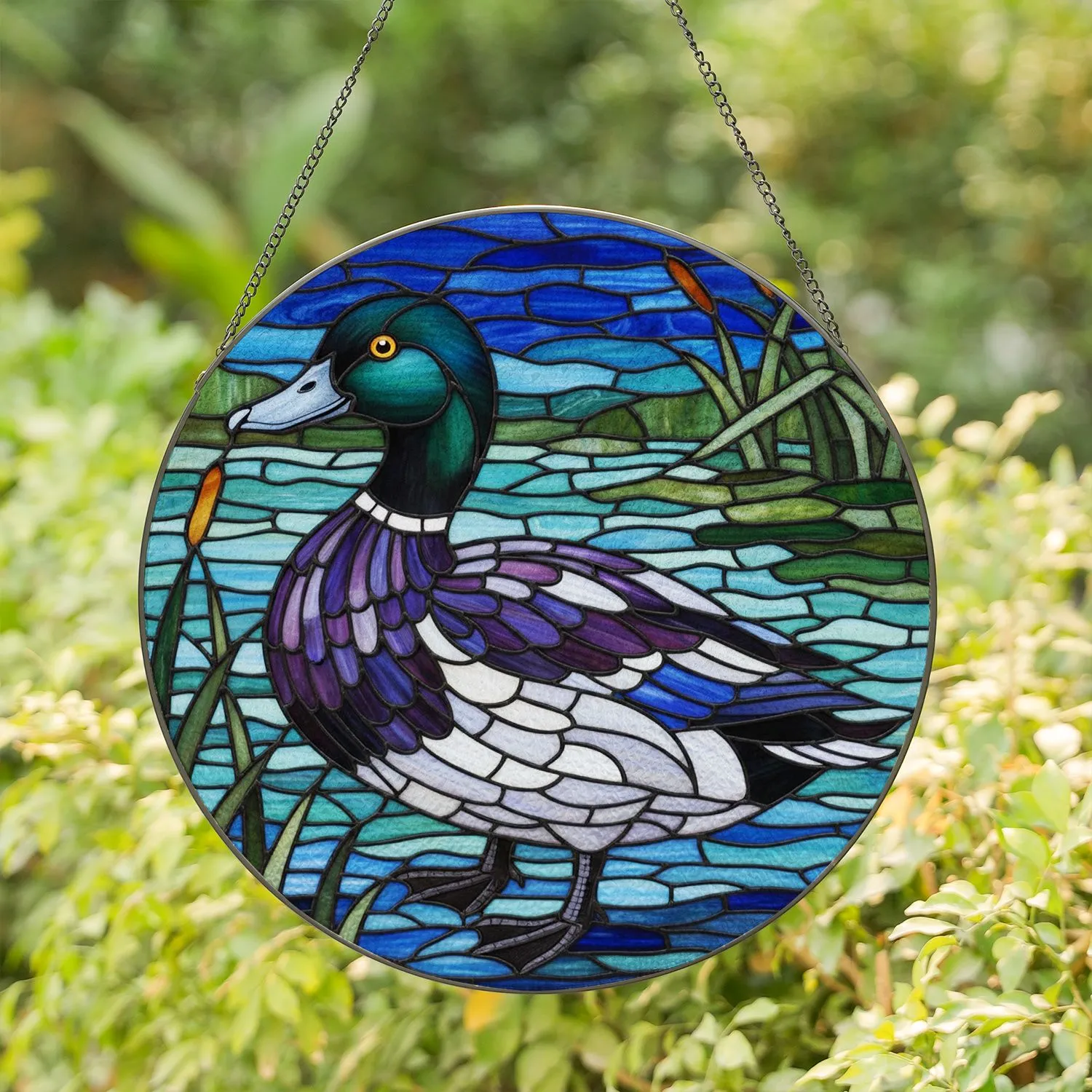 Tiffany Glass Duck Profile Water Reeds Mosaic - Wildlife Lover Gift for Home Decor Stained Glass Suncatcher - 1