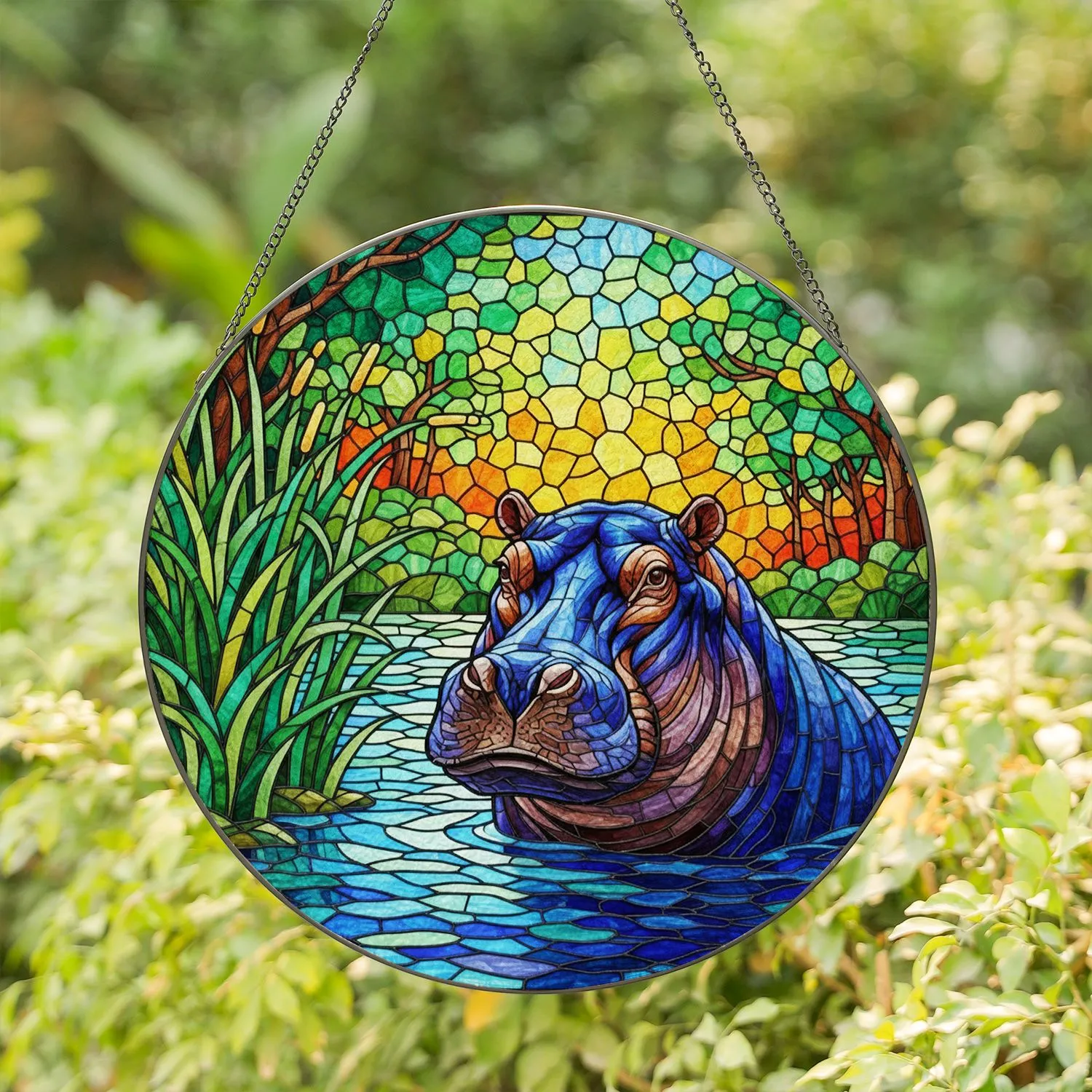 Hippopotamus Stained Glass Water Reeds Mosaic Translucent Wildlife Lover Gift Stained Glass Suncatcher - 1