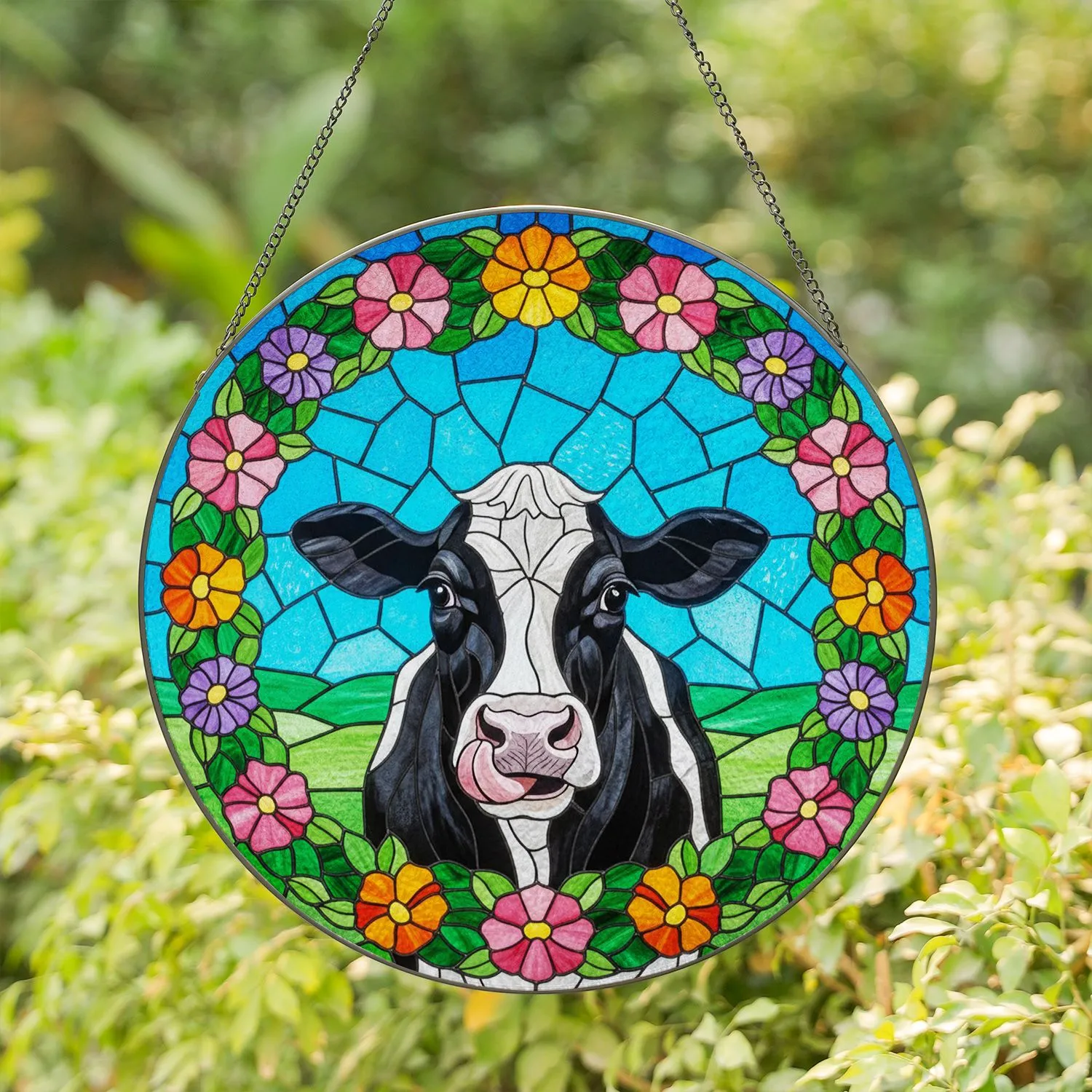 Playful Holstein Cow Floral Wreath Blue Sky - Farmhouse Decor Gift for Cow Lover Stained Glass Suncatcher - 1