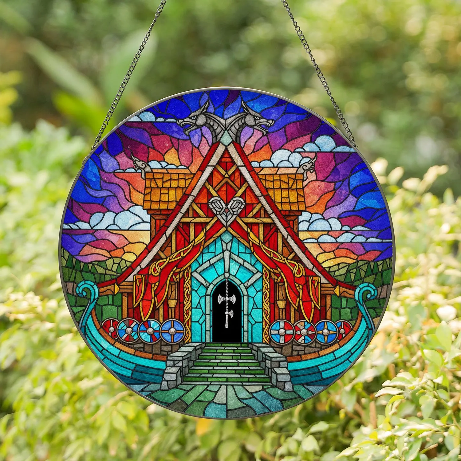 Viking Dragon Fortress Hall Banners Shields Axe Charm Mountain Sky - Home Decor Gift Stained Glass Suncatcher - 1