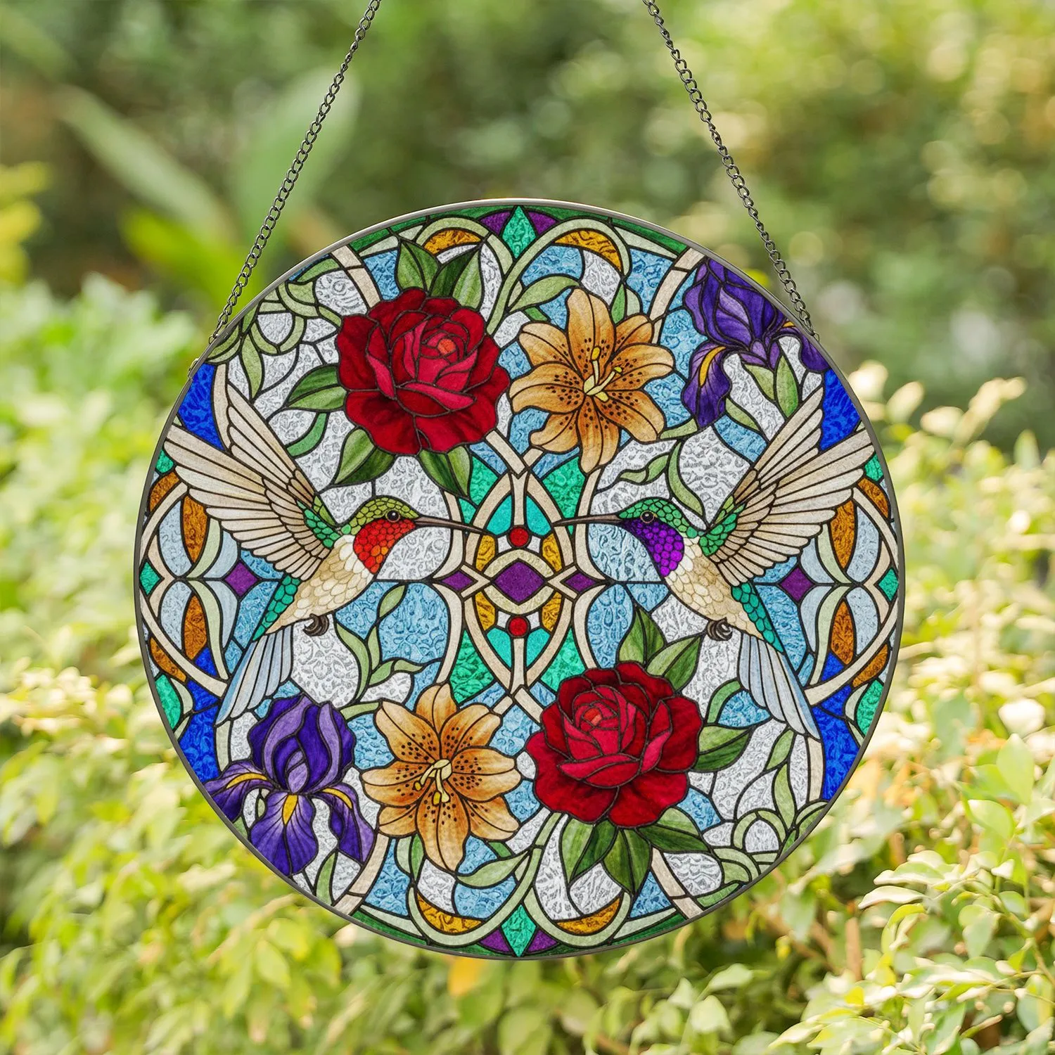 Purple Orange Hummingbirds Floral Vines Blooming Flowers - Bird Lover Home Decor Gift Stained Glass Suncatcher - 1