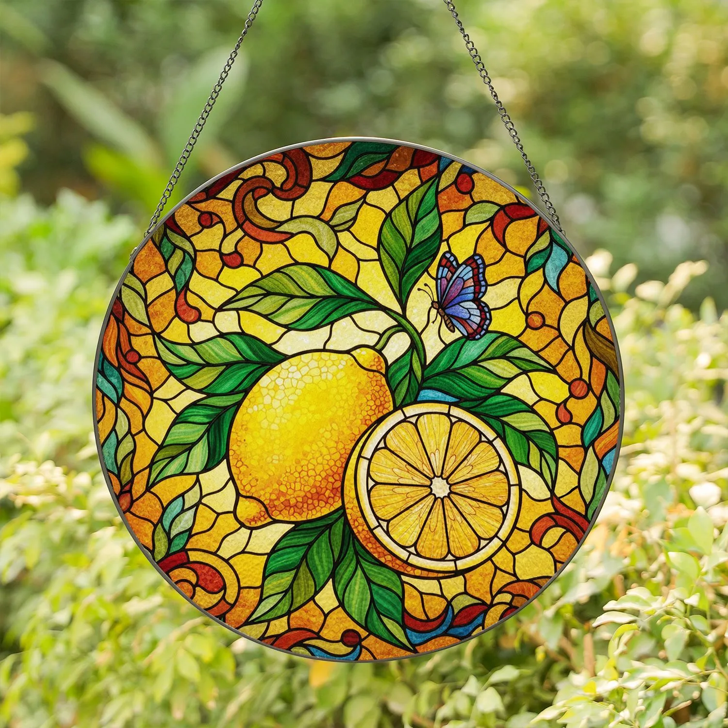 Lemons Half-Slice Butterfly Green Leaves Mosaic Swirls Foliage - Home Decor Gift Stained Glass Suncatcher - 1