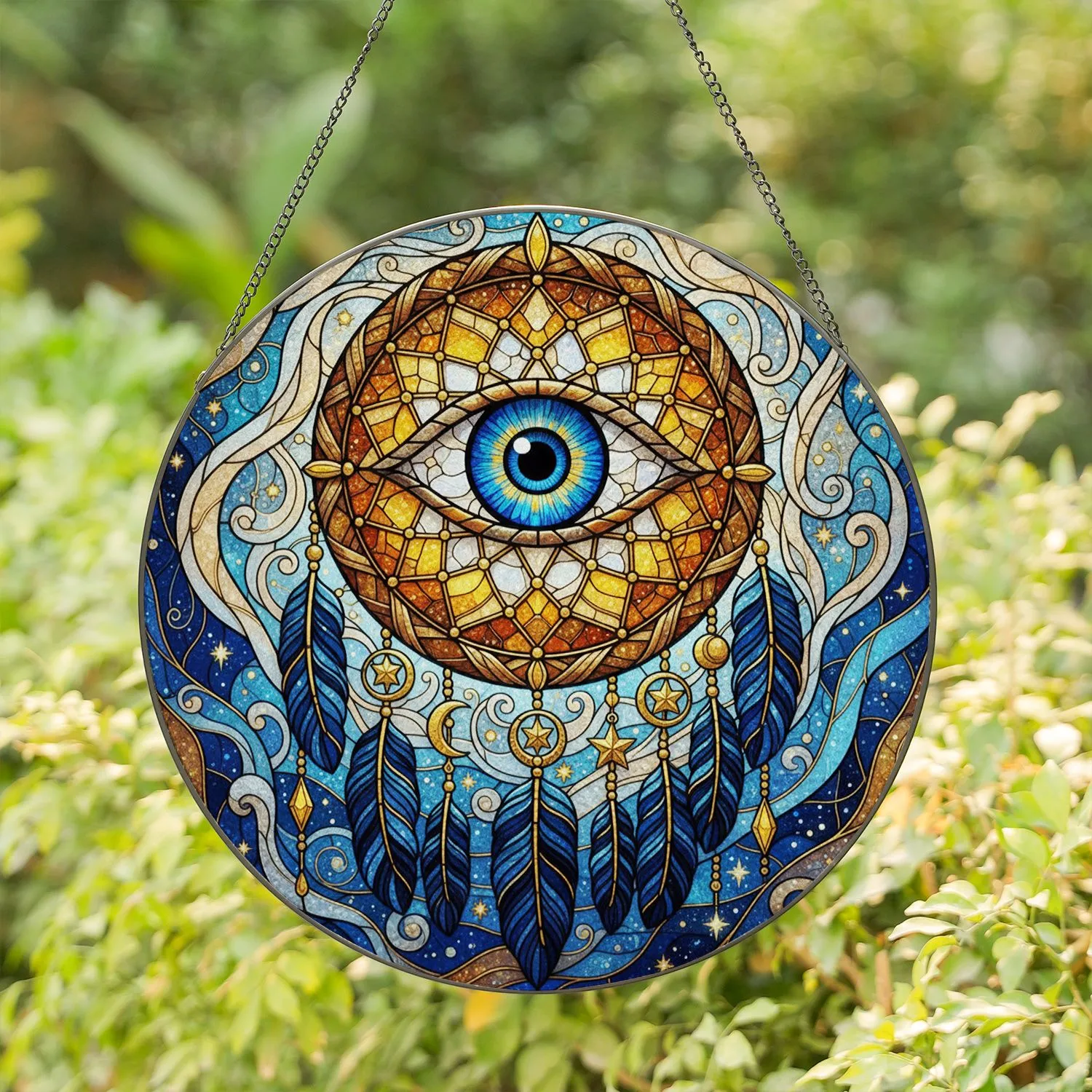 Mystical Blue Eye Dreamcatcher Feathers - Boho Lifestyle Home Decor Gift Stained Glass Suncatcher - 1