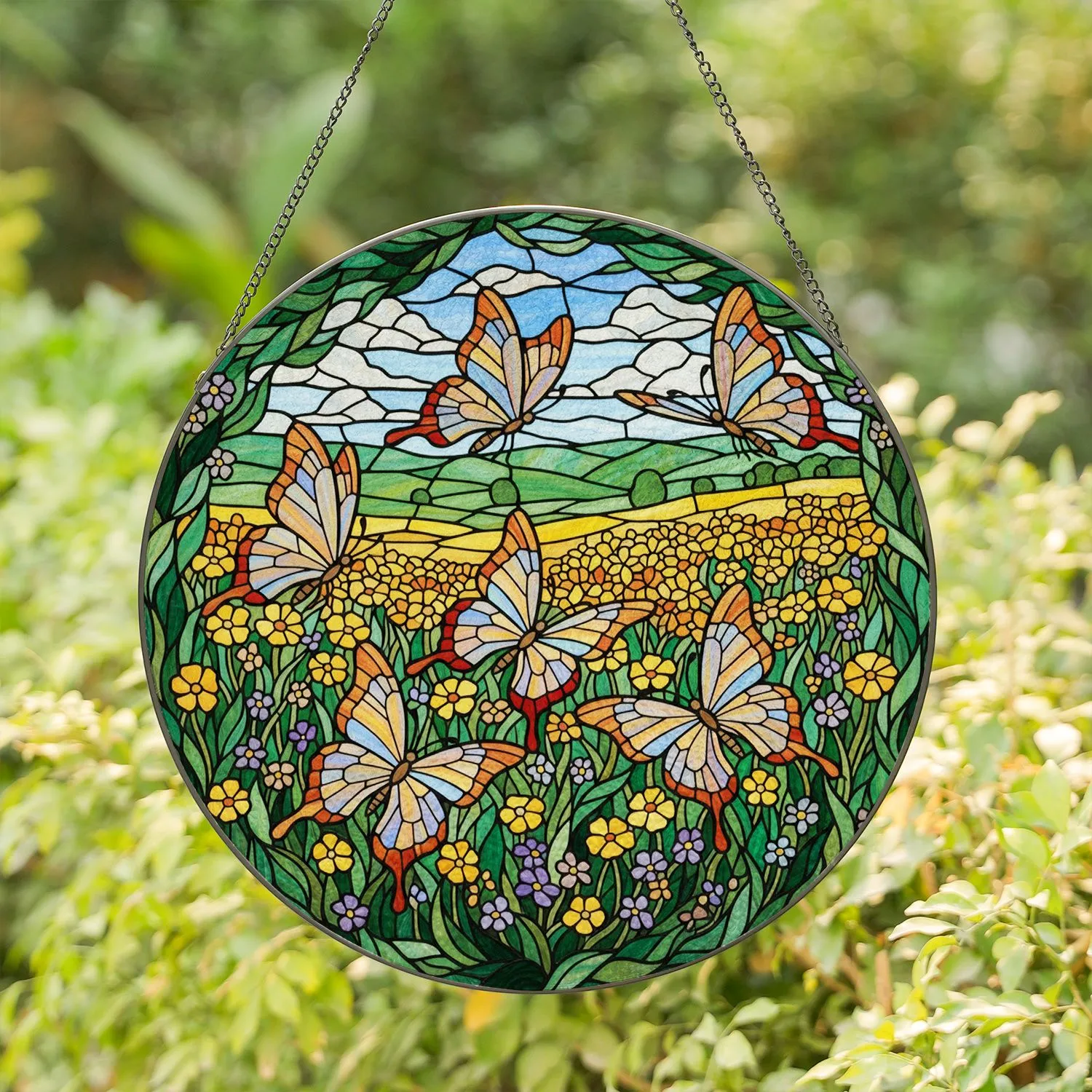 Six Crystal Butterflies Wildflowers Landscape - Home Decor Gift for Nature Lover Stained Glass Suncatcher - 1