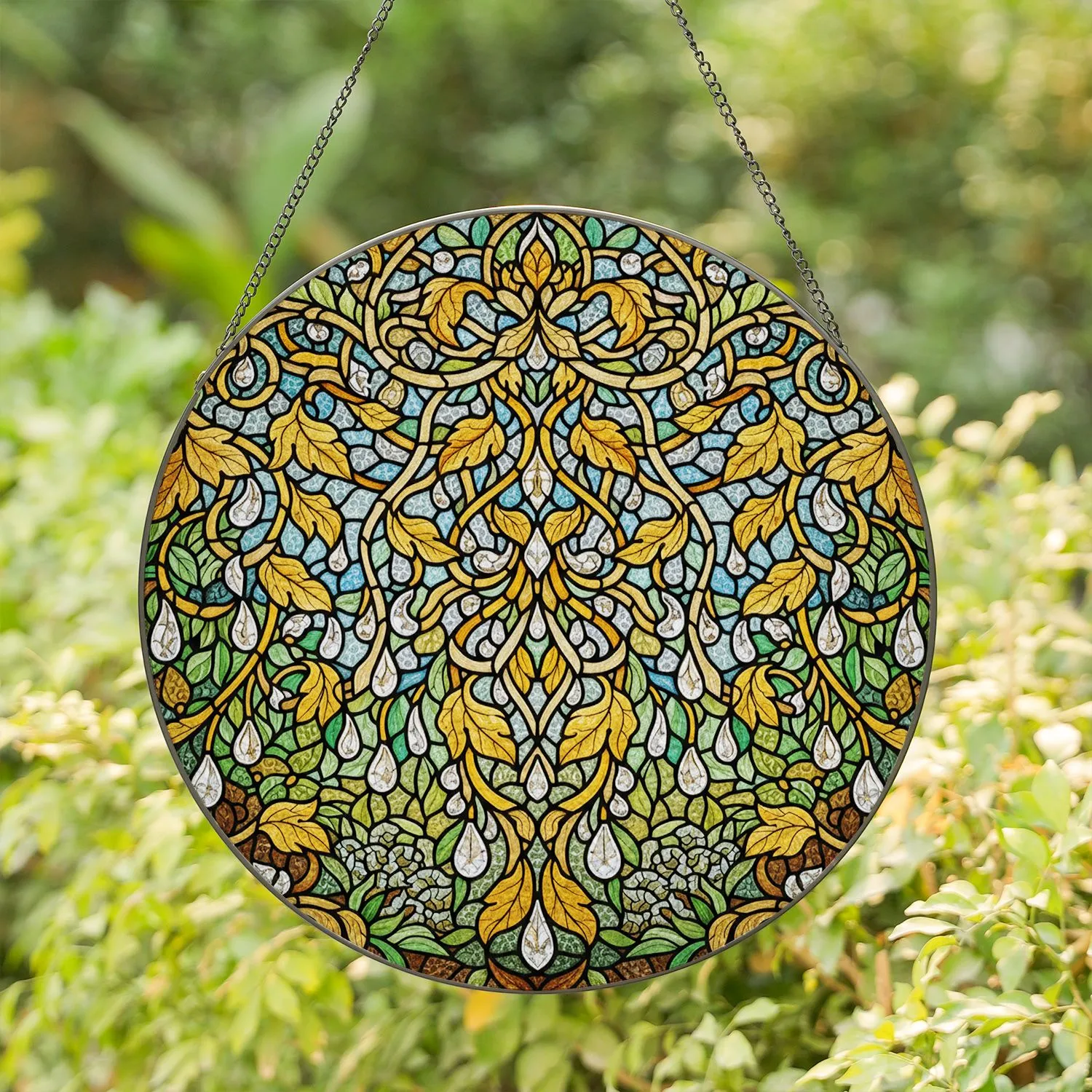 Botanical Vines Crystal Jewel Drops Glass Leaves - Home Decor Gift for Gardener Stained Glass Suncatcher - 1