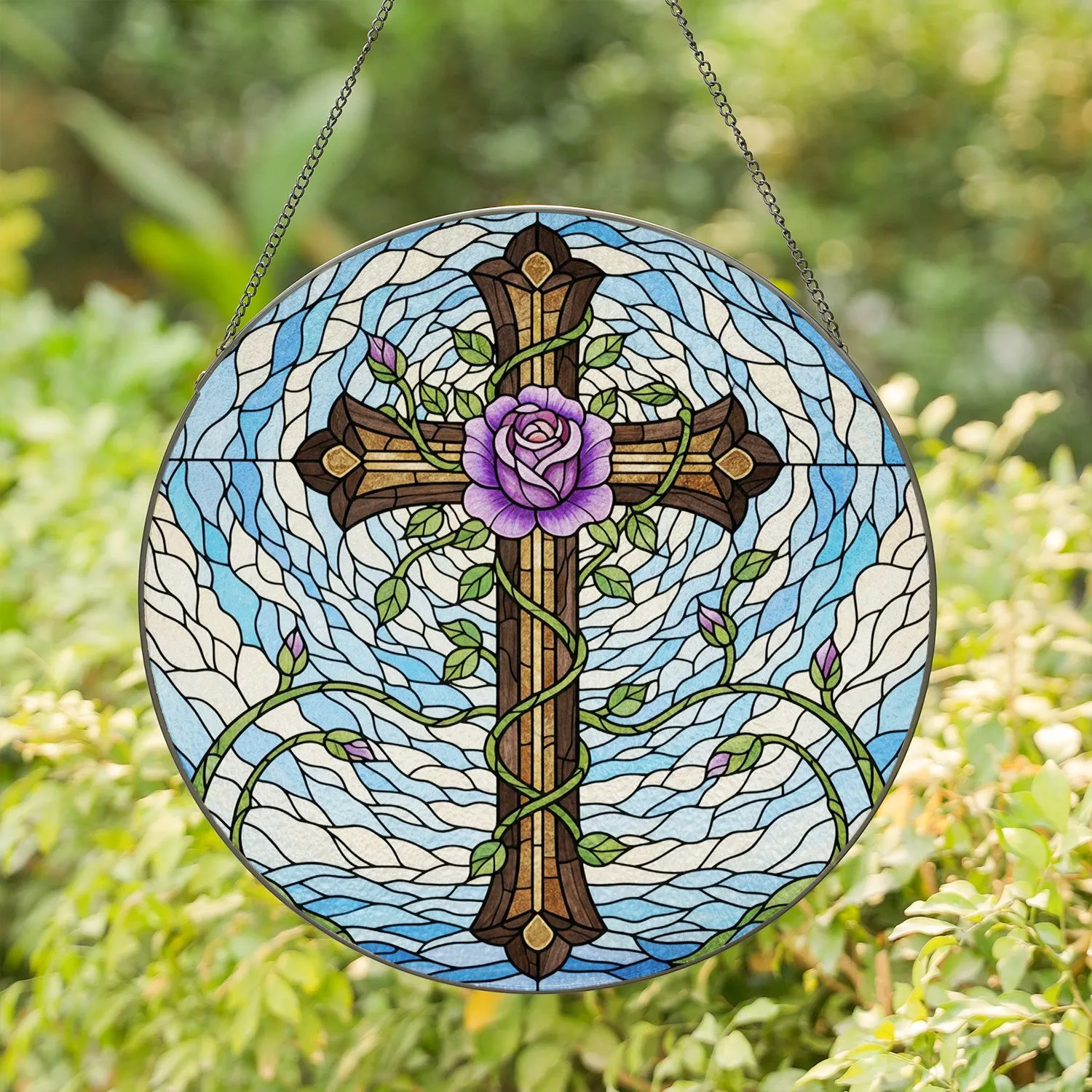 Christian Cross Purple Rose Full Bloom Green Vines Mosaic Sky - Home Decor Gift Stained Glass Suncatcher - 1