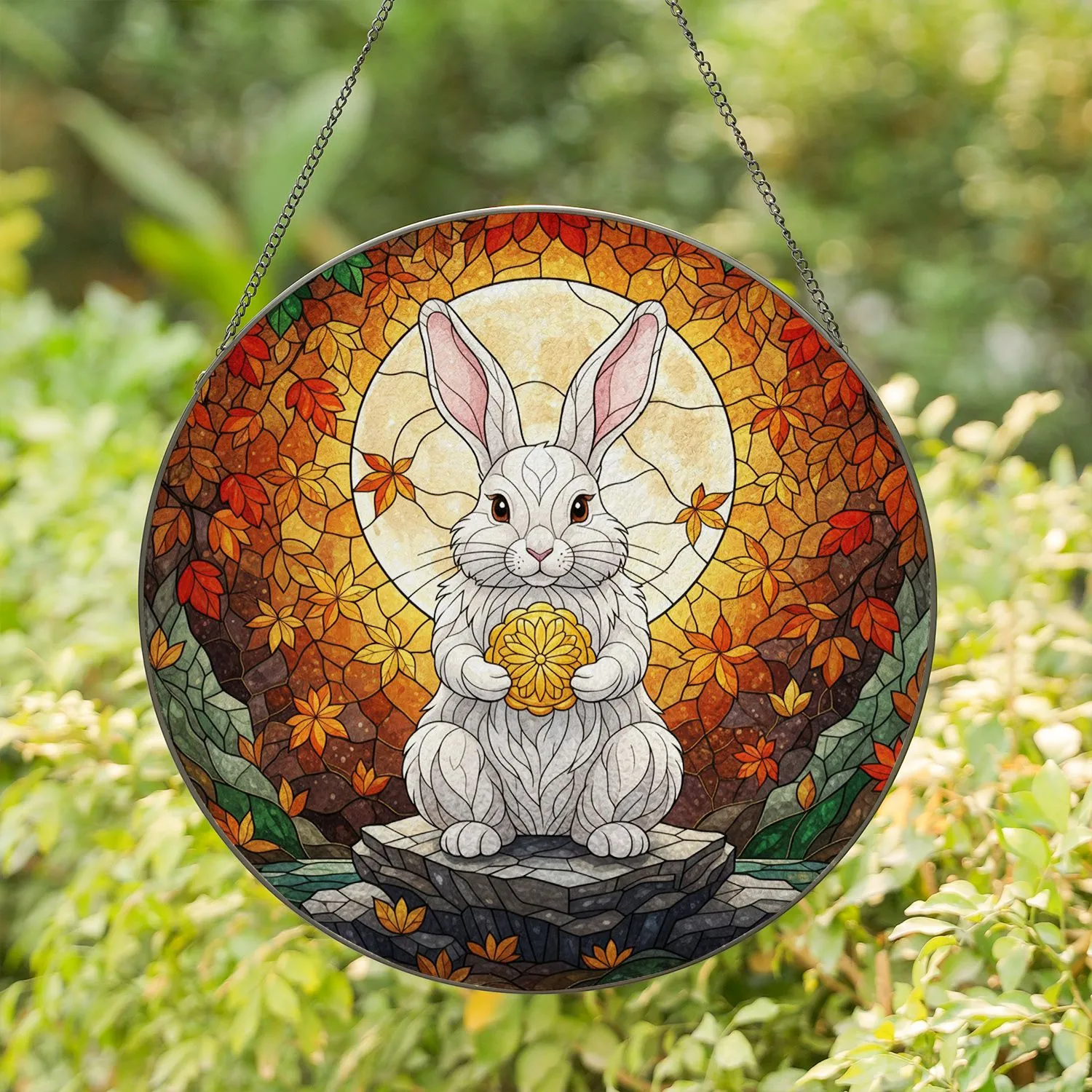 White Rabbit Golden Mooncake Full Moon - Autumn Home Decor Gift for Rabbit Lover Stained Glass Suncatcher - 1