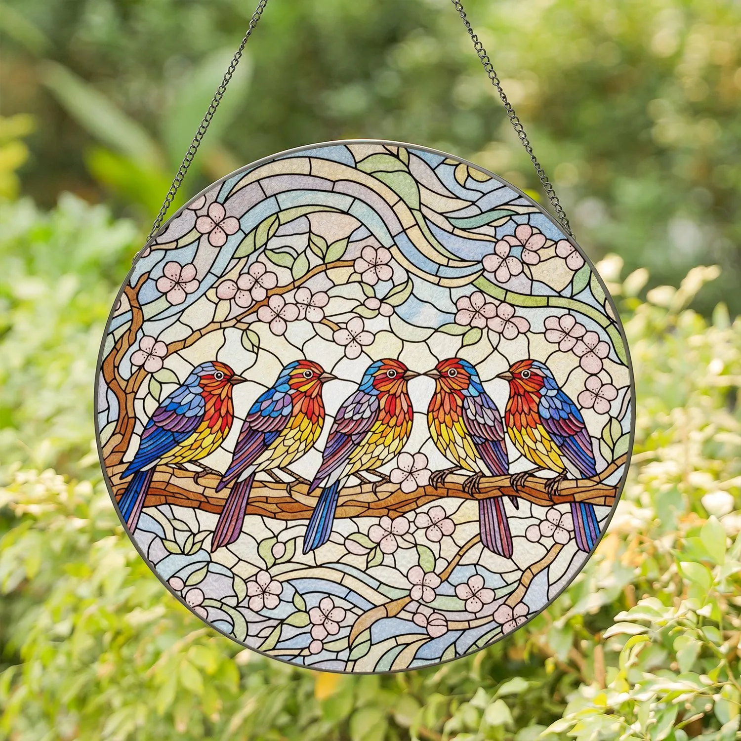 Six Songbirds Pink Cherry Blossoms Tree Branch - Bird Watcher Home Decor Gift Stained Glass Suncatcher - 1