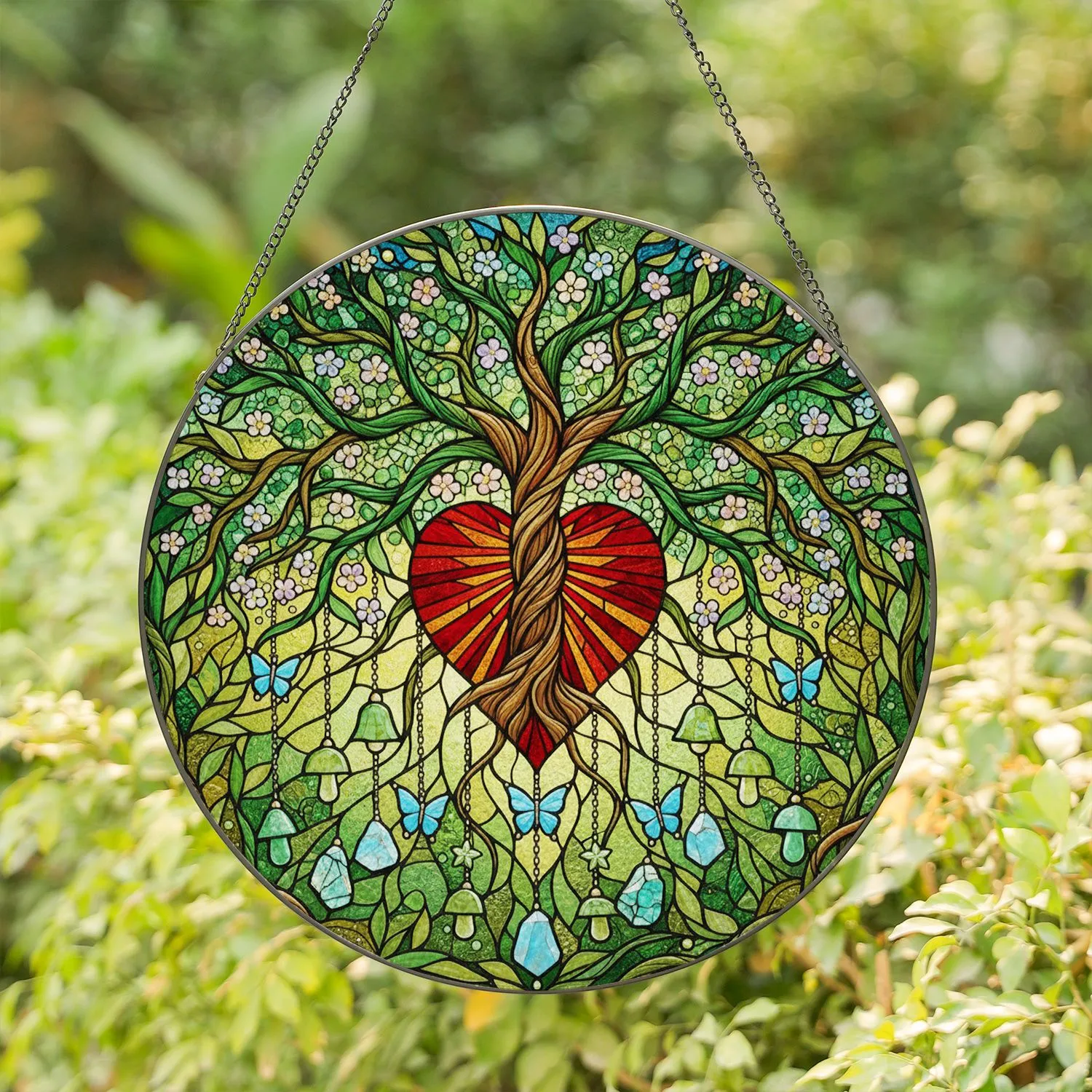 Tree Of Life Heart Base Gemstone Mushroom Butterfly Verdant Forest - Home Decor Gift Stained Glass Suncatcher - 1