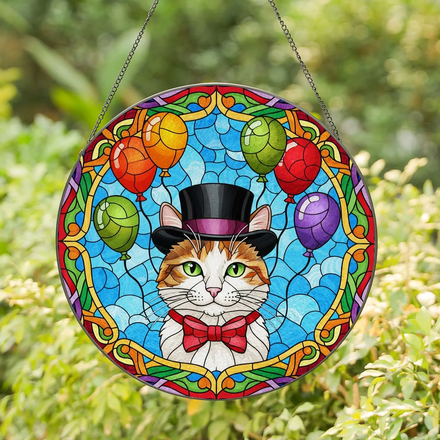Calico Cat Emerald Eye Top Hat Red Bow Tie Balloons - Home Decor Gift for Cat Lover Stained Glass Suncatcher - 1