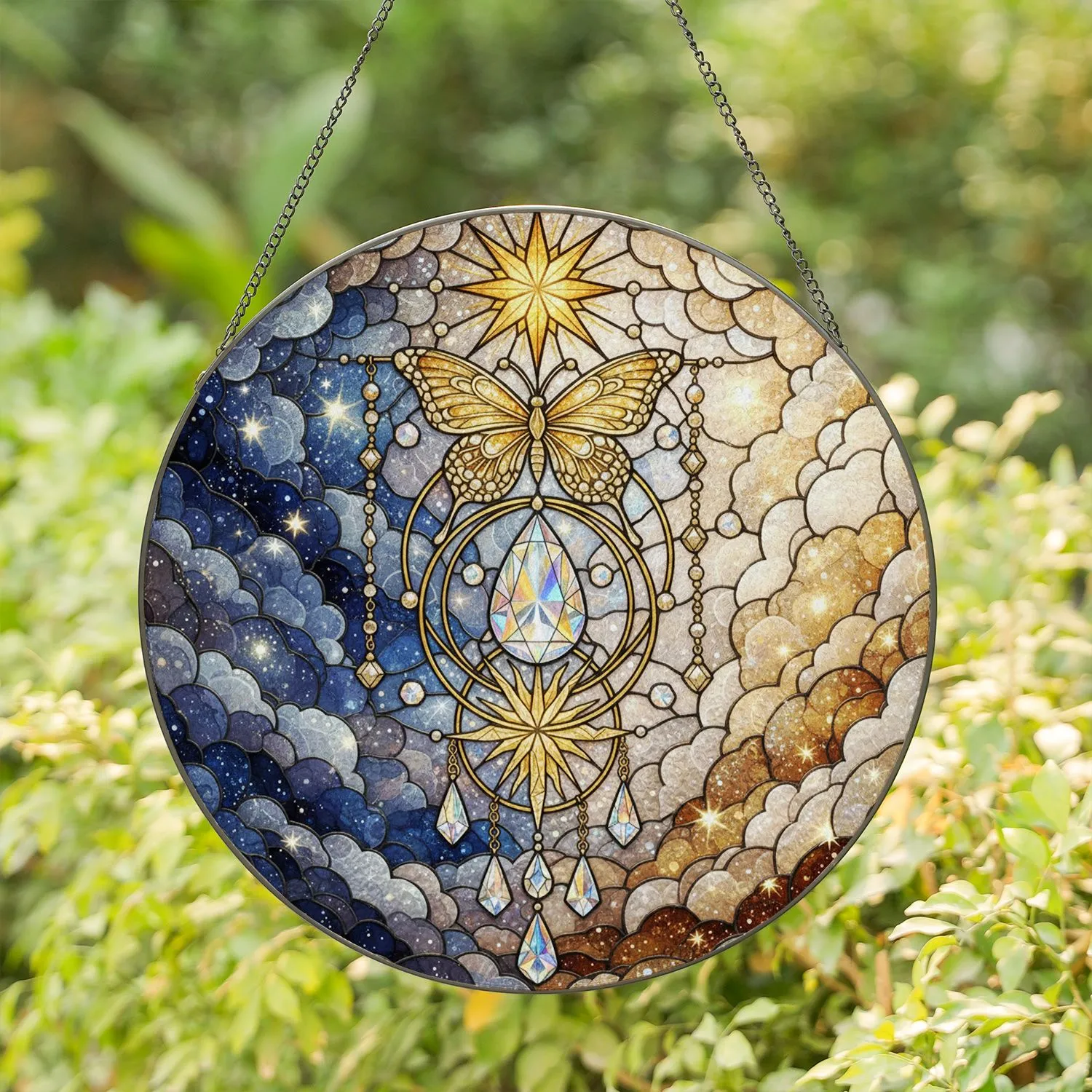 Golden Star Butterfly Teardrop Crystal Cascade - Window Home Decor Gift Stained Glass Suncatcher - 1