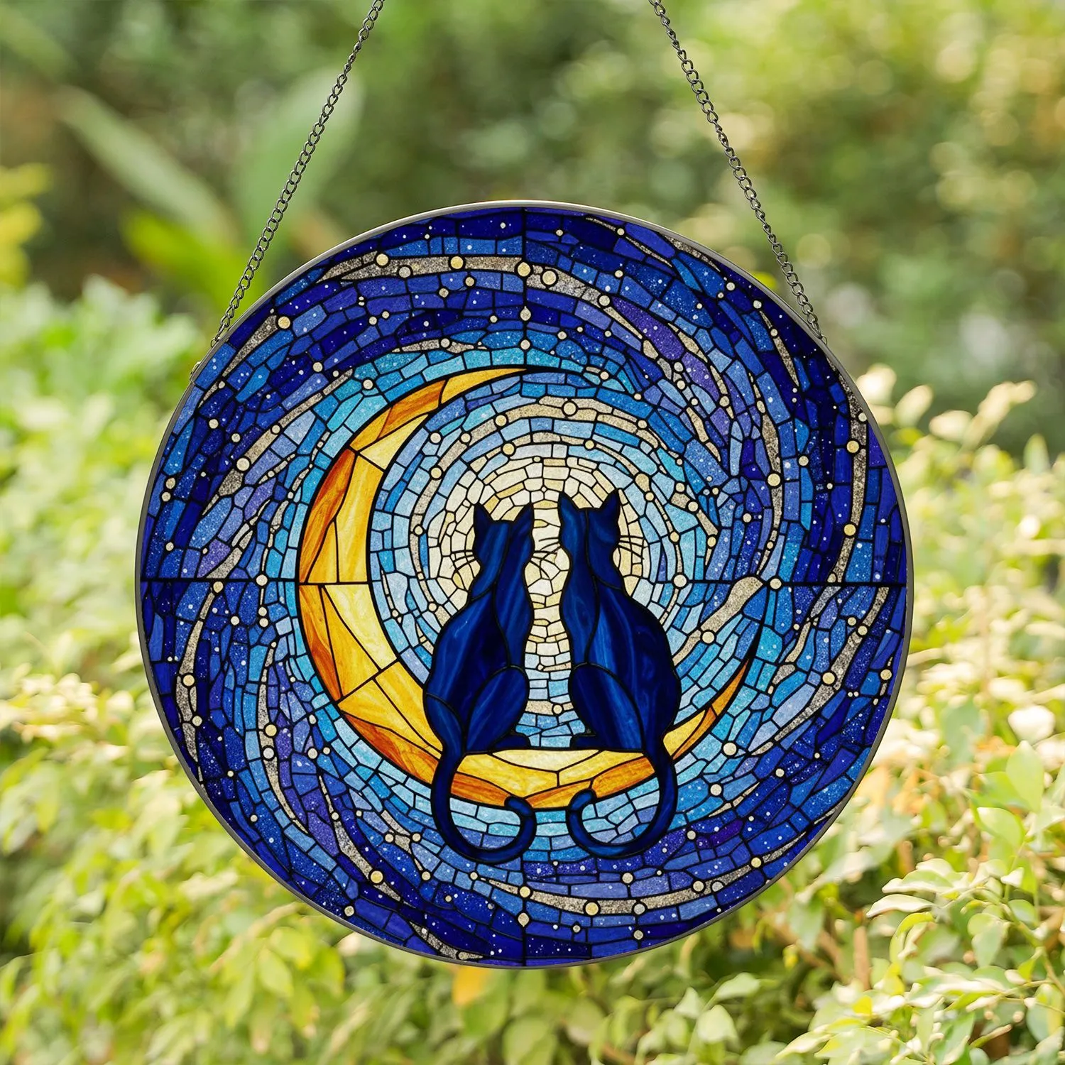 Two Black Cats Crescent Moon Galaxy Stars Home Decor Gift for Cat Lover Stained Glass Suncatcher - 1