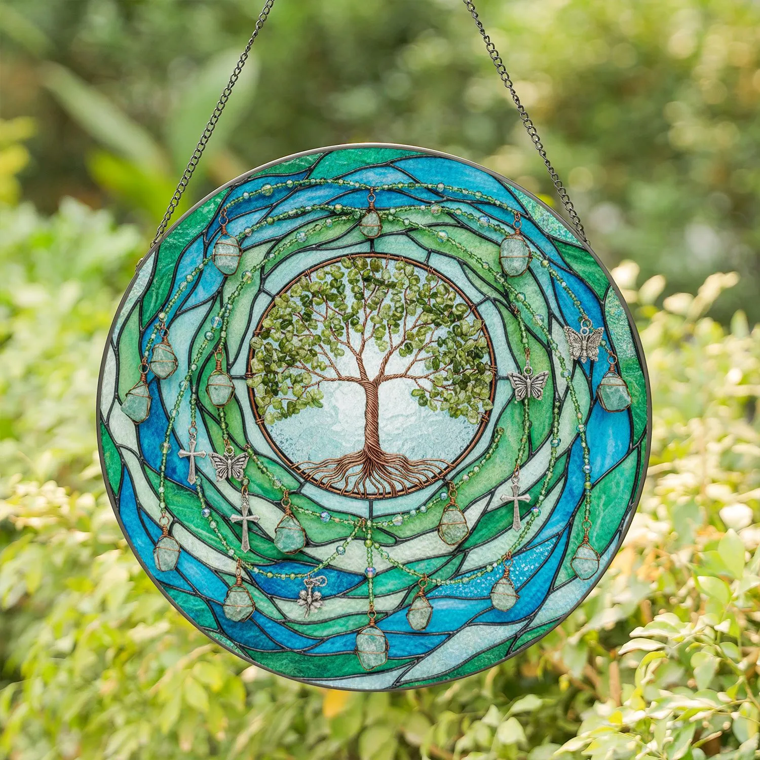 Tree of Life Butterfly Cross Gemstone Home Decor Gift for Nature Lover Stained Glass Suncatcher - 1
