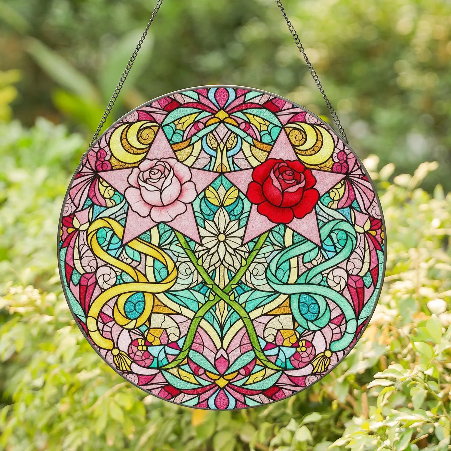 Roses Five-Pointed Star Thorny Stems Ribbons Bell Tassel Floral Celestial - Home Decor Gift Stained Glass Suncatcher - 1