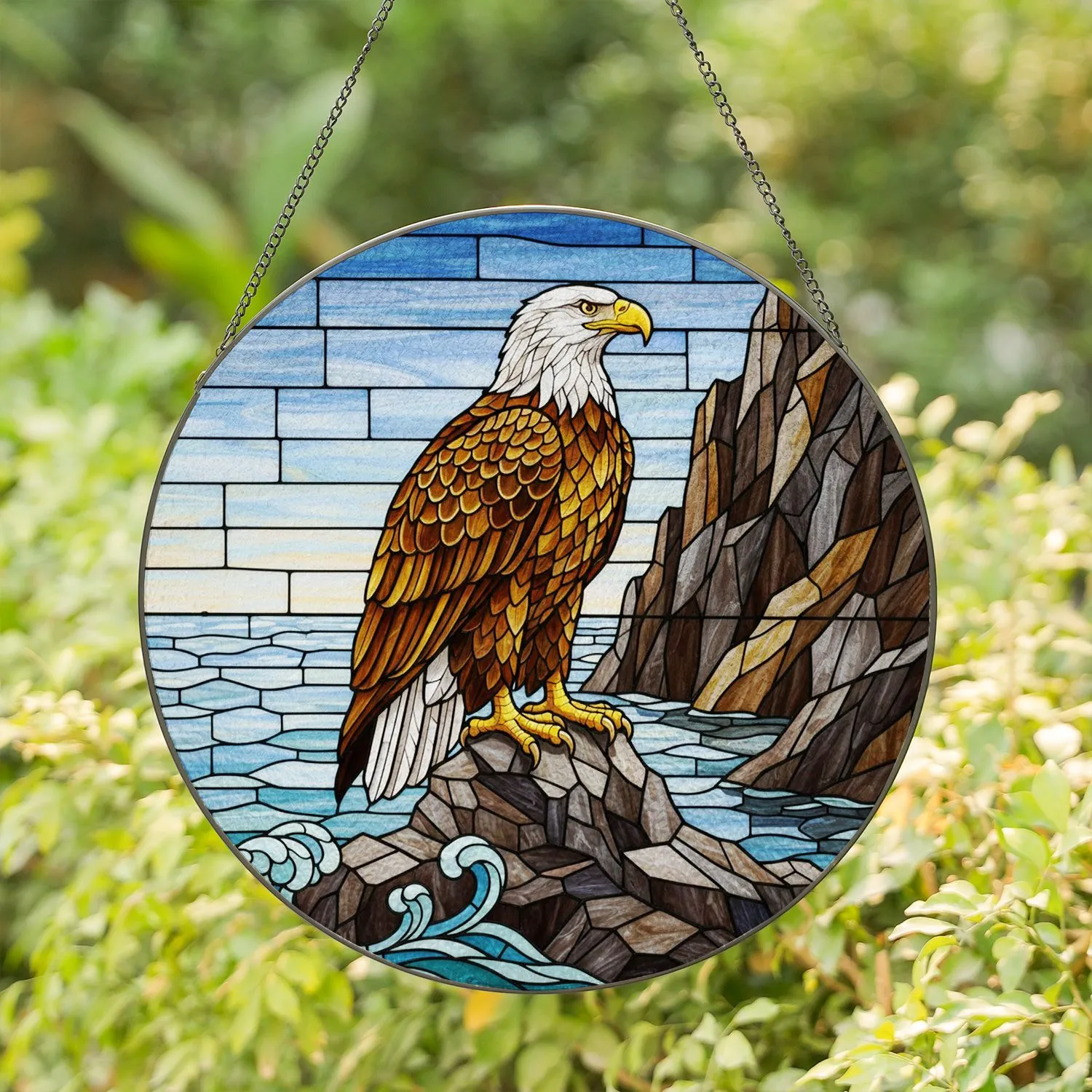 Bald Eagle Perched Mountain Cliff Ocean Scenery Wildlife Lover Home Decor Gift Stained Glass Suncatcher - 1