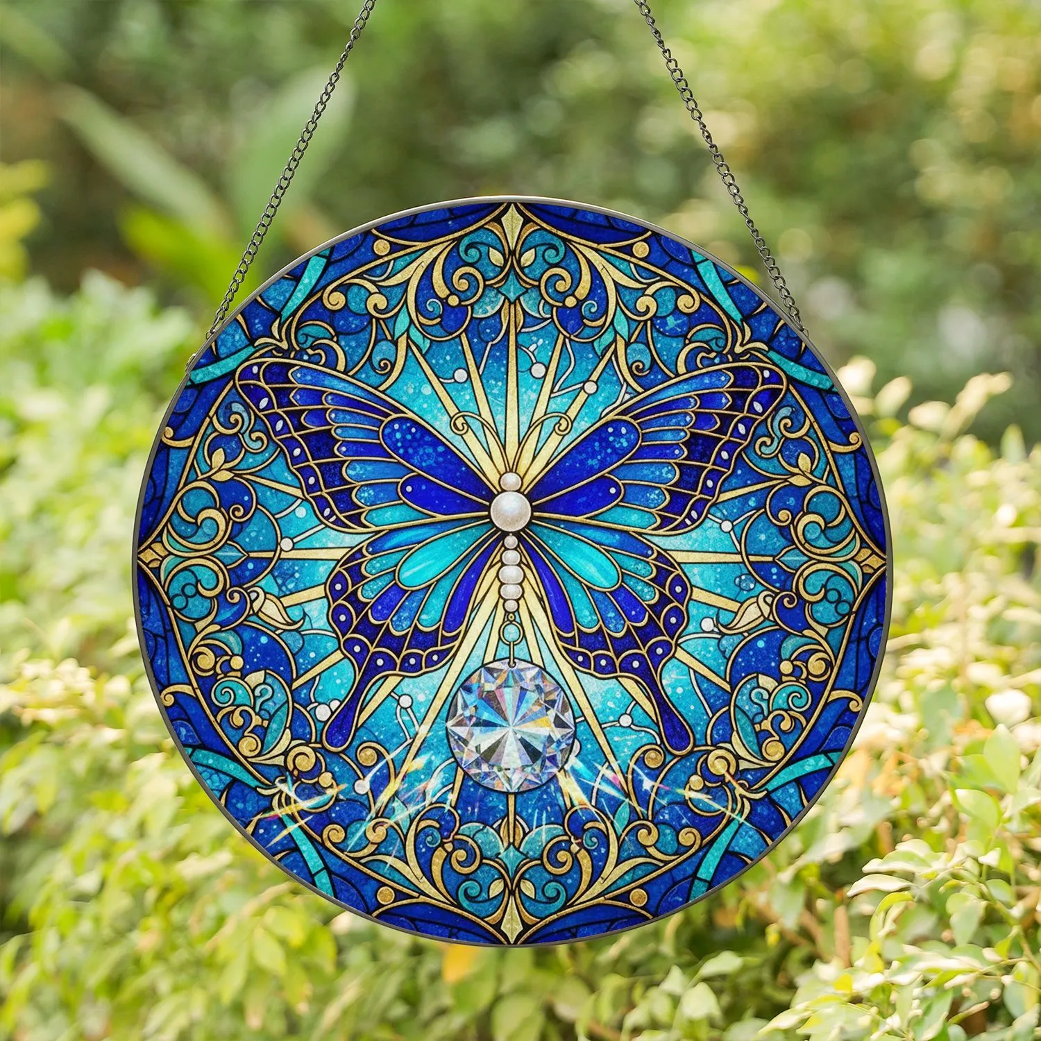 Butterfly Golden Filigree Celestial Floral Sunburst Crystal - Home Decor Gift Stained Glass Suncatcher - 1