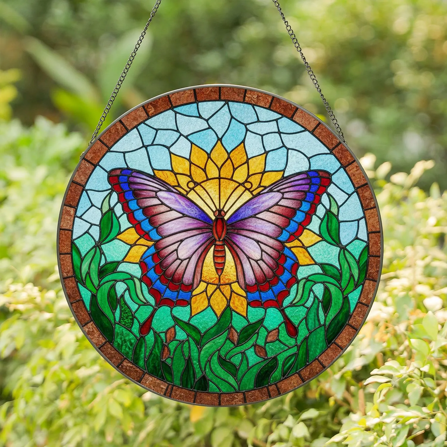 Tiffany Stained Glass Butterfly Sunflower Mosaic - Home Decor Gift for Wildlife Lovers Stained Glass Suncatcher - 1