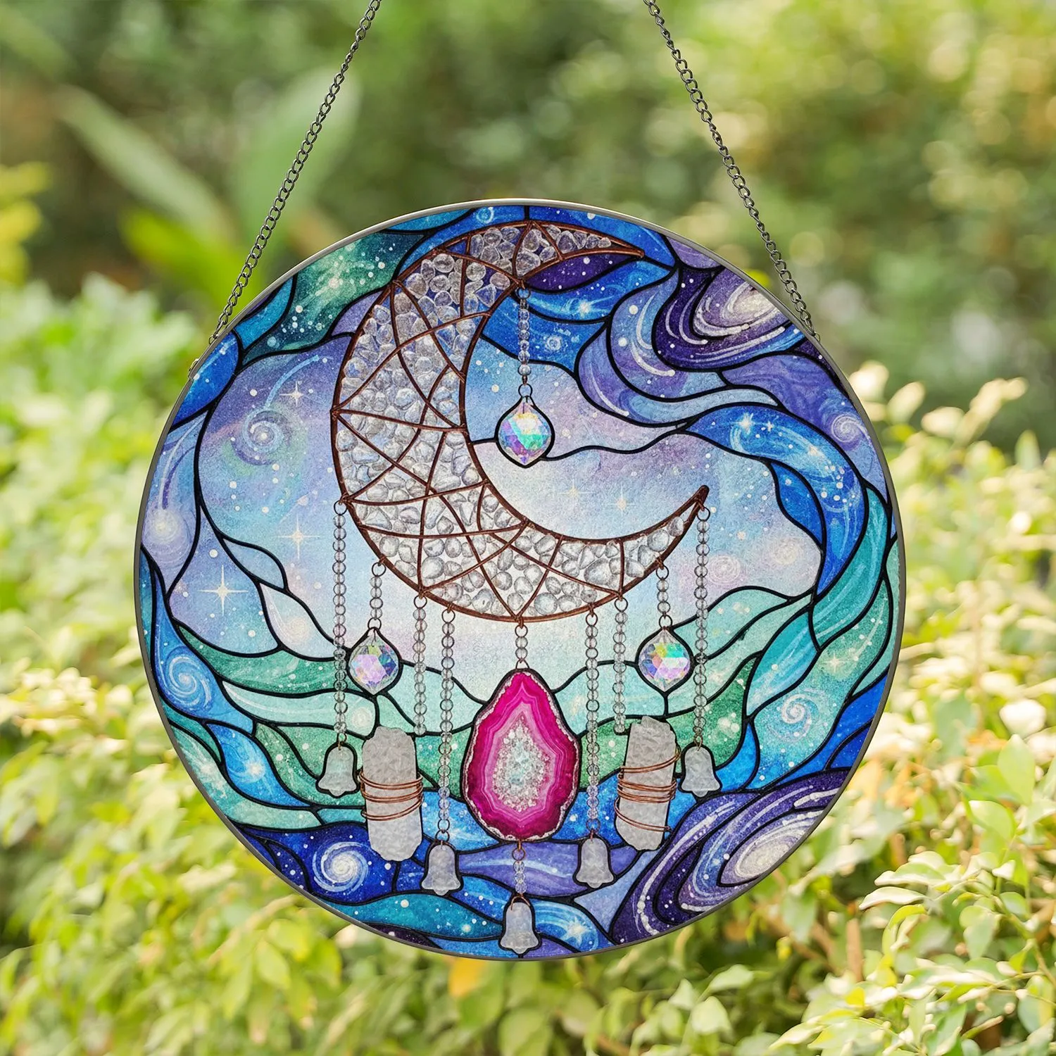 Woven Crescent Moon Dreamcatcher Pink Agate Geode Crystal Celestial Nebulae Home Decor Gift Stained Glass Suncatcher - 1