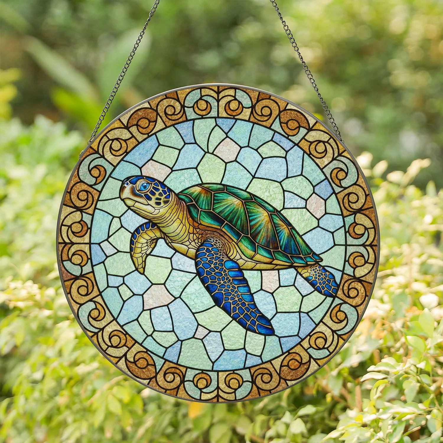 Sea Turtle Ornate Border Translucent Stained Glass - Home Decor Gift for Ocean Lover Stained Glass Suncatcher - 1