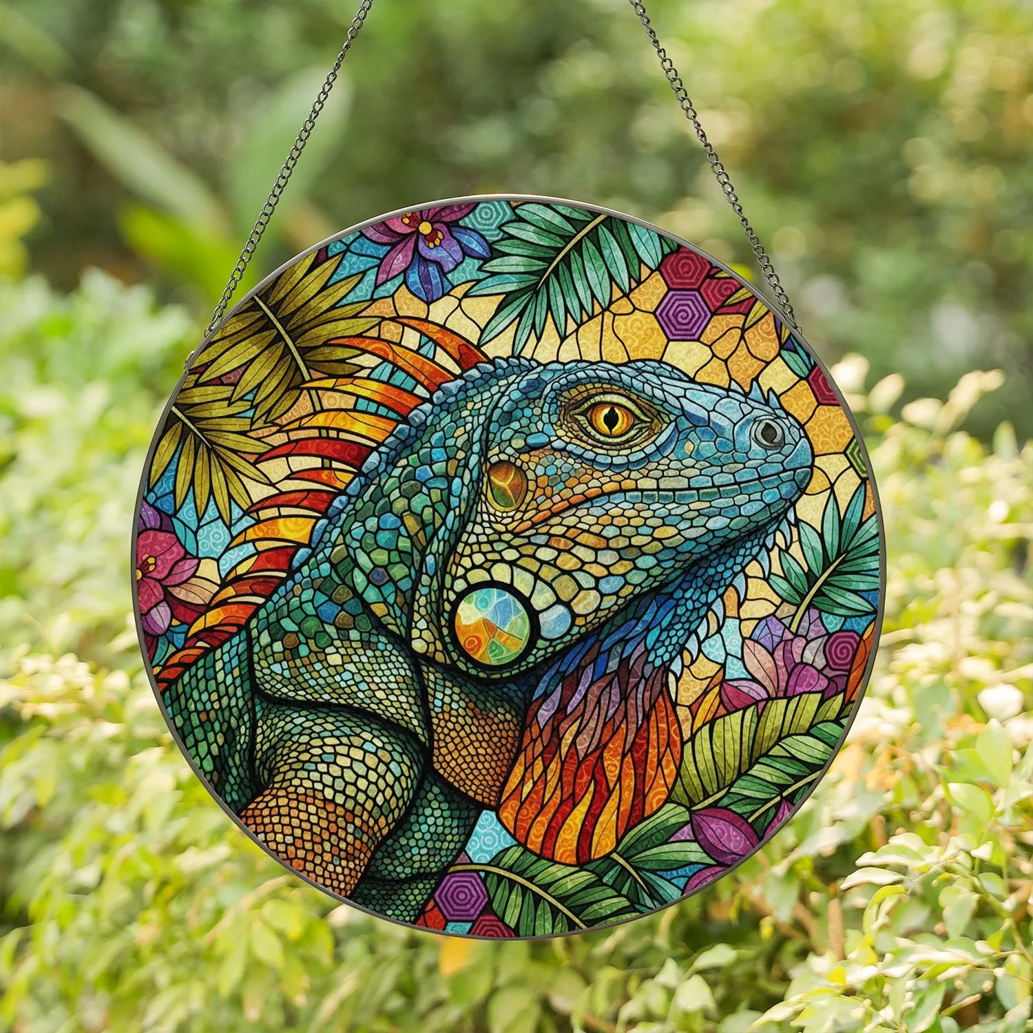 Iguana Head Prominent Spiky Crest Tropical Foliage Geometric Home Decor Gift Stained Glass Suncatcher - 1