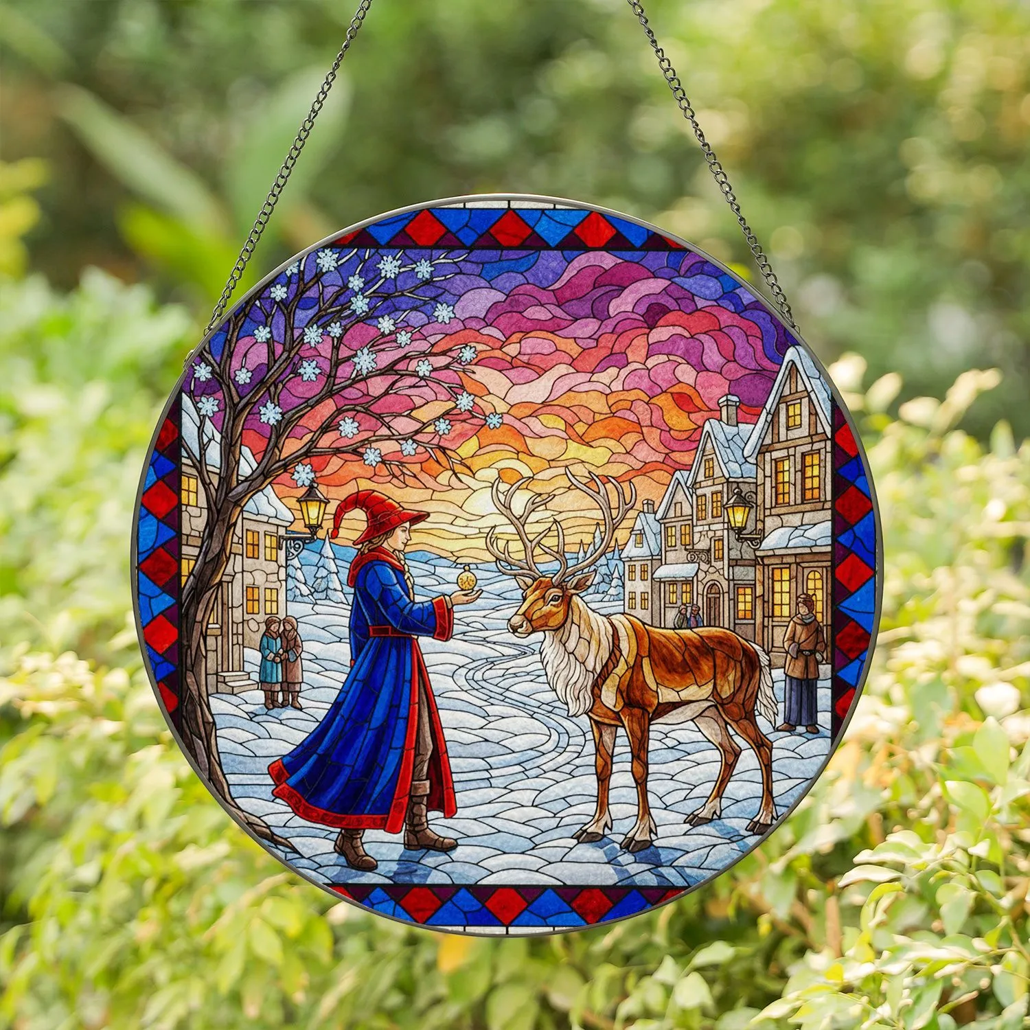Red Hat Person Reindeer Snowy Street European Buildings Sunset Winter Decor Gift Stained Glass Suncatcher - 1
