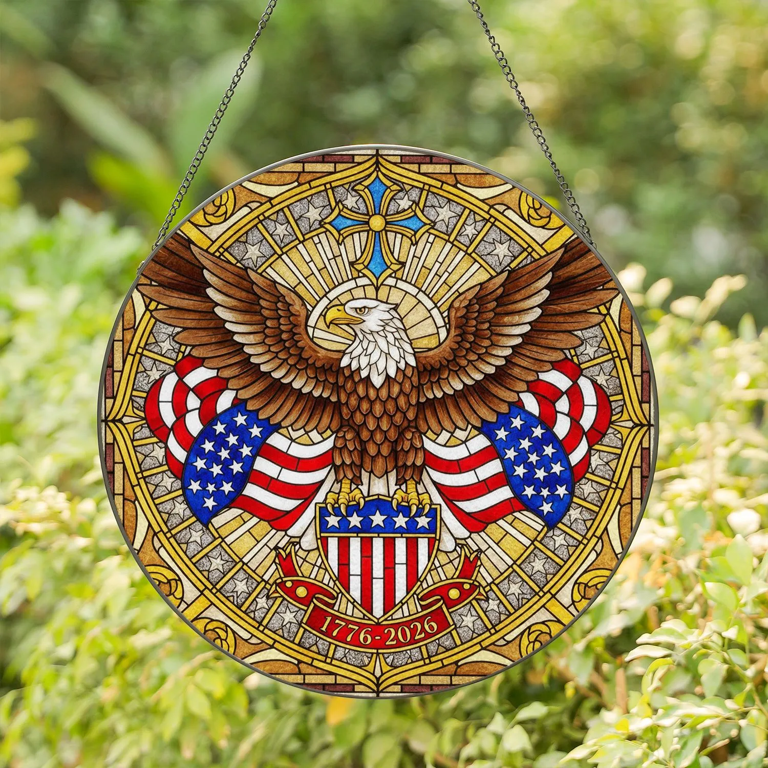 Bald Eagle American Flag 1776-2026 - USA 250th Anniversary Independence Day Gift for Dad Stained Glass Suncatcher - 1