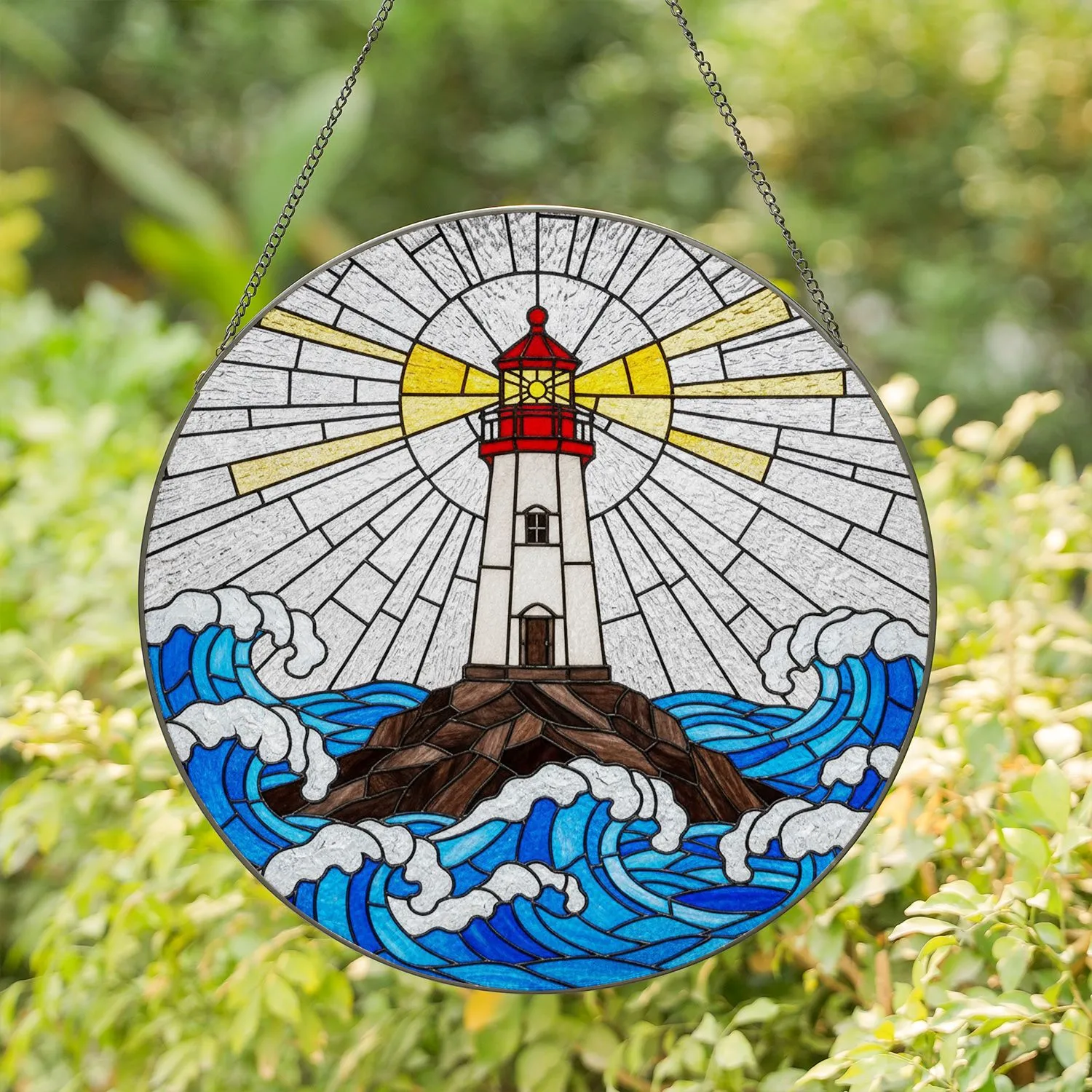 Classic Lighthouse Ocean Waves Coastal Home Decor Gift for Coastal Living Spaces Stained Glass Suncatcher - 1
