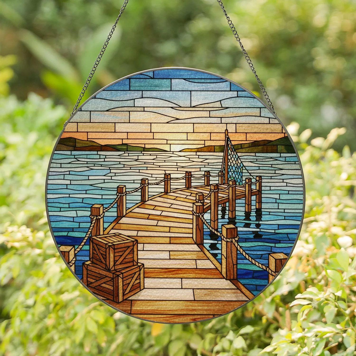 Winding Wooden Pier Fishing Net Waterscape - Coastal Living Home Decor Gift Stained Glass Suncatcher - 1