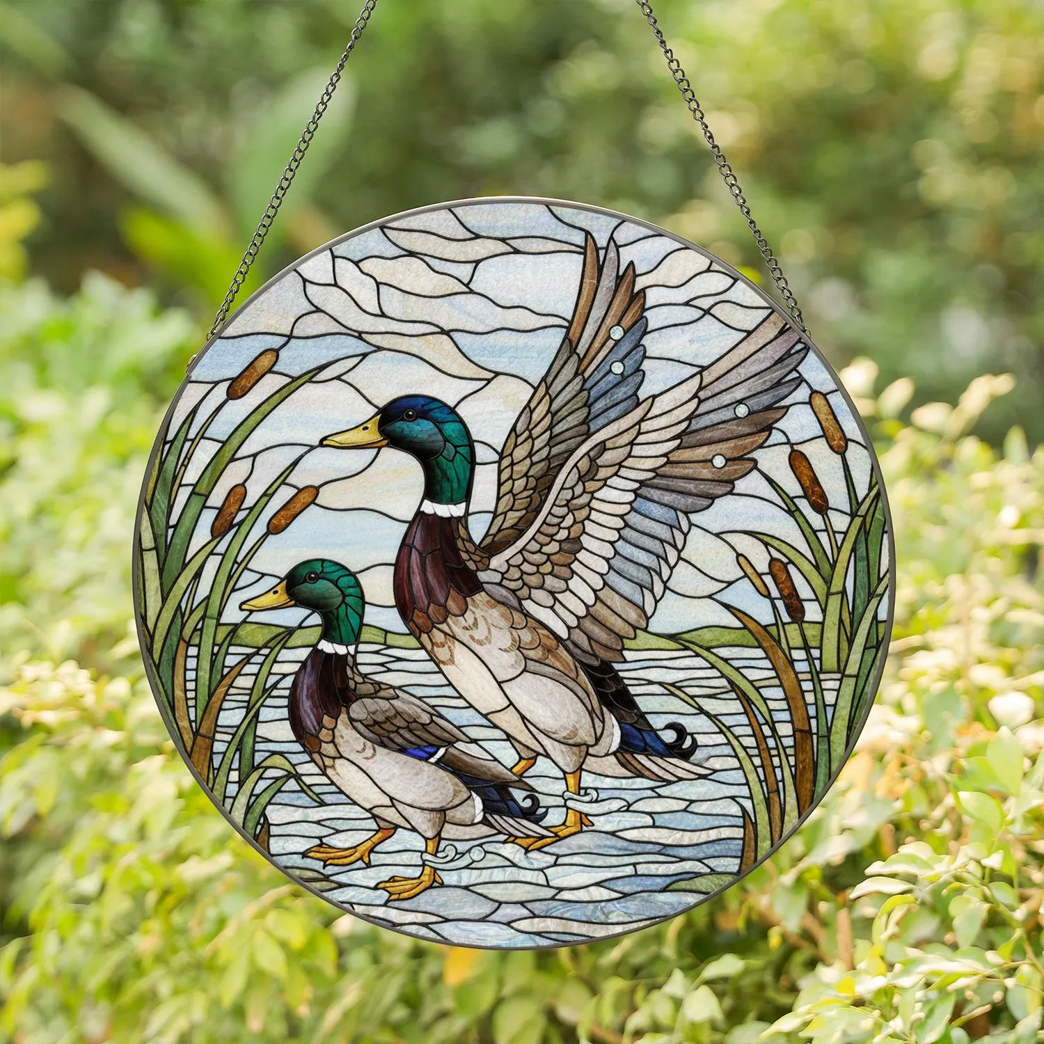Ducks Mid-Flight Walking Marsh Pond Reeds Cattails - Wildlife Lover Home Decor Gift Stained Glass Suncatcher - 1