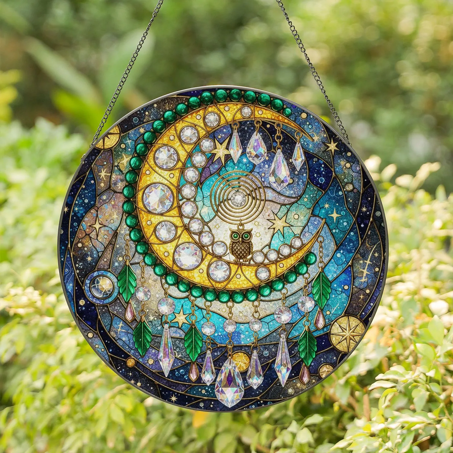 Radiant Golden Crescent Moon Owl Cosmic Stars Nebulae - Home Decor Gift for Celestial Lover Stained Glass Suncatcher - 1