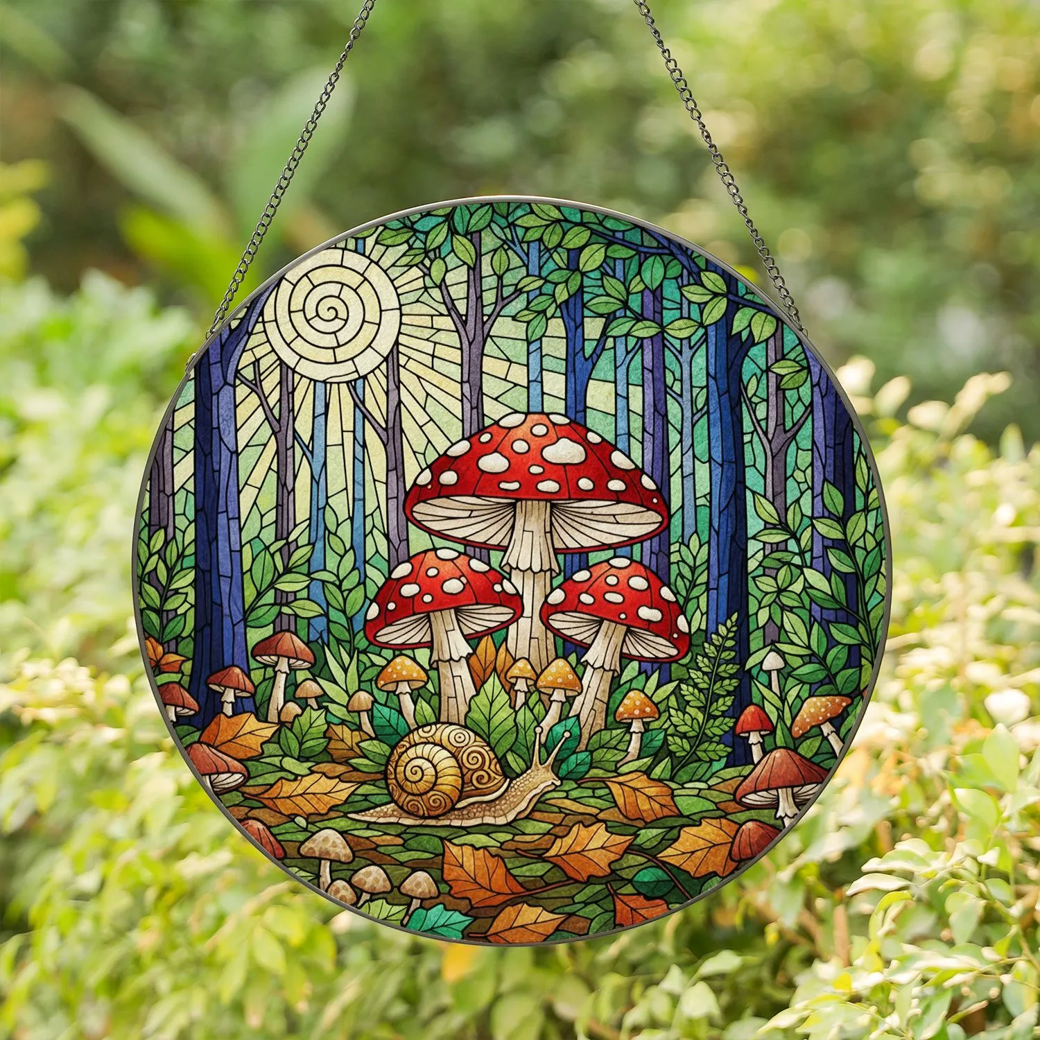 Amanita Mushroom Snail Spiral Moonlit Forest - Home Decor Gift for Mushroom Lover Stained Glass Suncatcher - 1