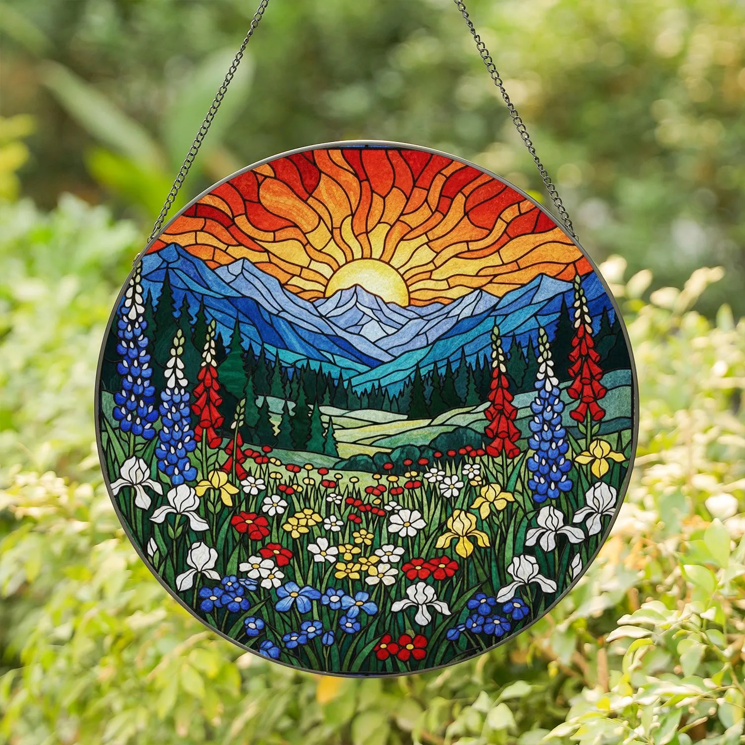 Mountain Valley Wildflowers Blue Lupine Iris Foxglove Radiant Sun - Home Decor Gift Stained Glass Suncatcher - 1