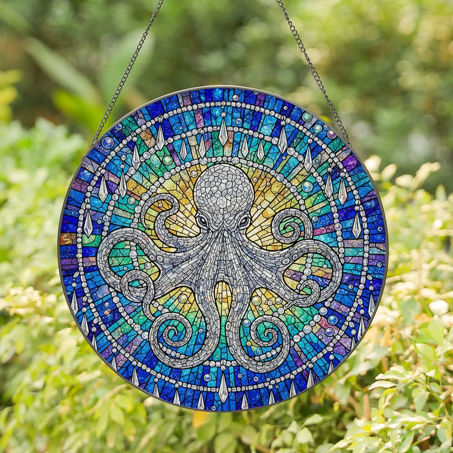 Silver Octopus Crystal Chandelier Stained Glass - Home Decor Gift for Octopus Lover Stained Glass Suncatcher - 1