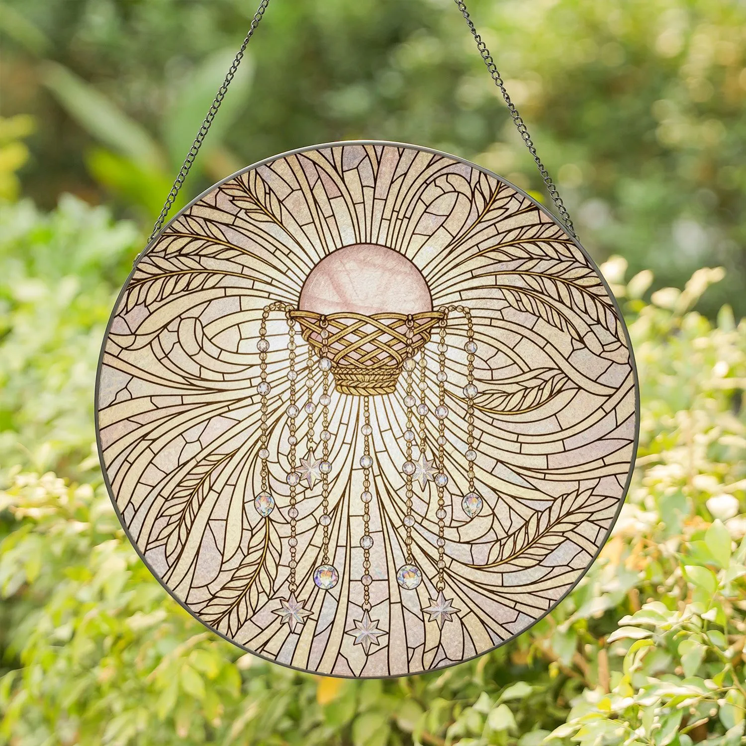 Rose Quartz Sphere Golden Chains Crystal Beads Star Fronds - Luminous Home Decor Gift Stained Glass Suncatcher - 1