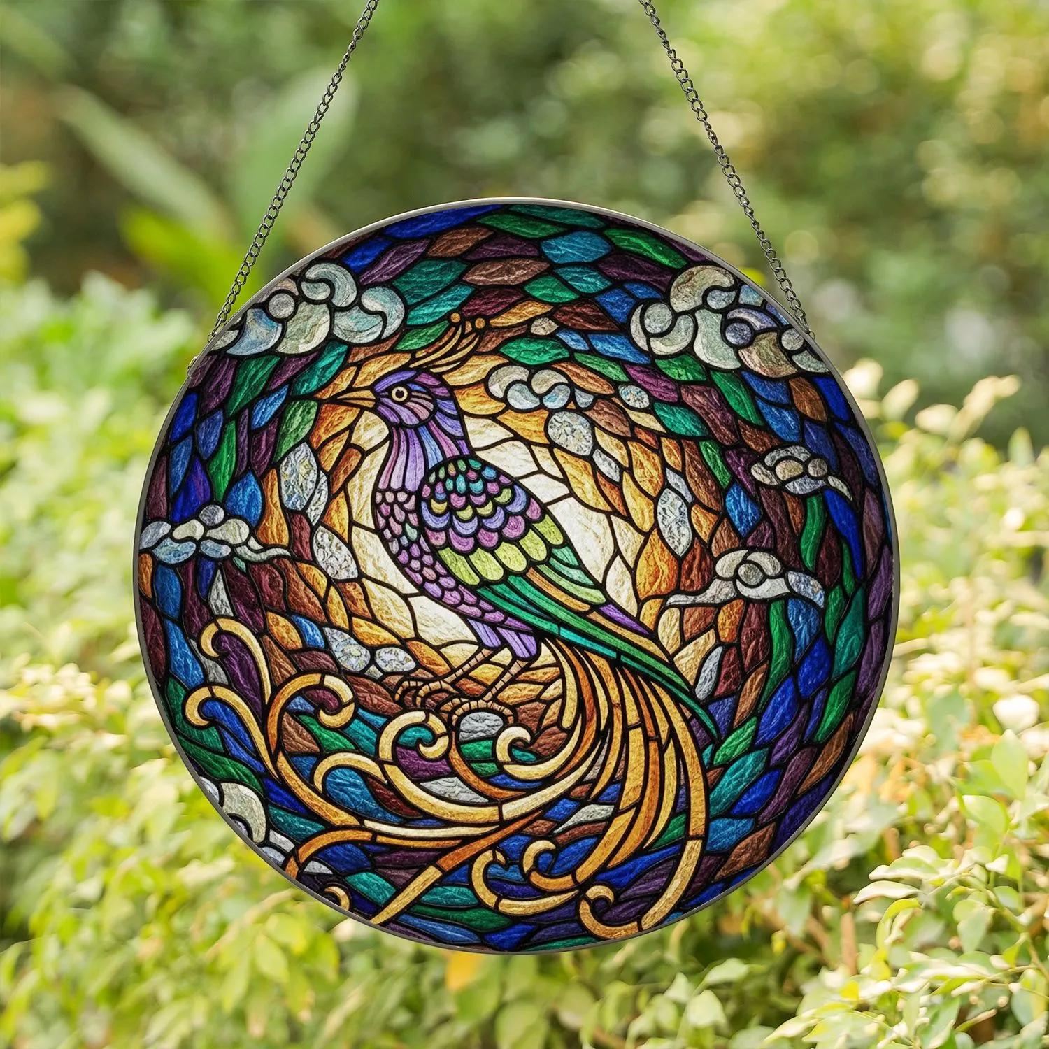 Edge-to-Edge Ornate Bird Profile Flowing Tail Feathers - Home Decor Gift for Bird Lover Stained Glass Suncatcher - 1