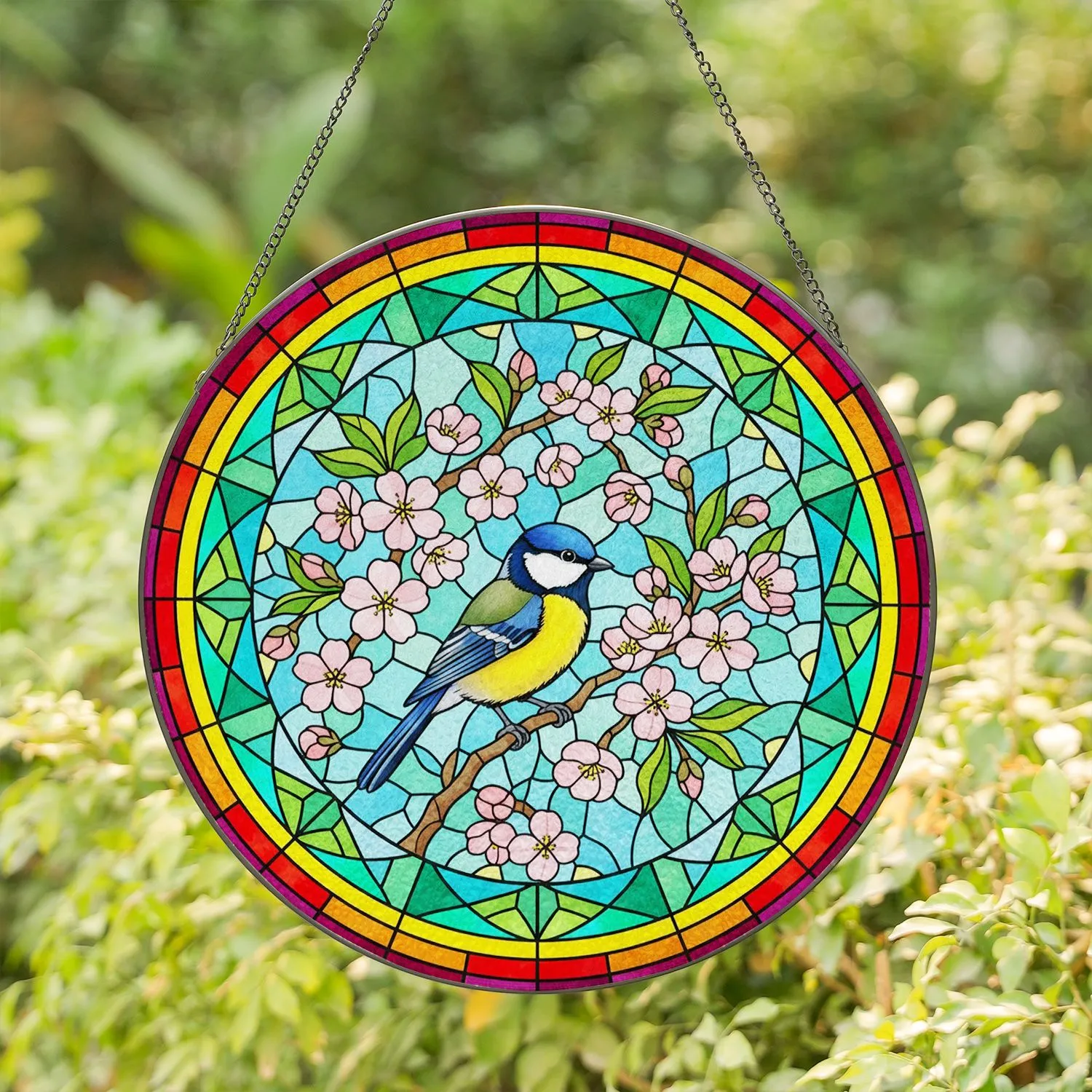 Blue Cap Tit Bird Cherry Blossom Flowering Branch Rainbow - Home Decor Gift for Nature Lover Stained Glass Suncatcher - 1