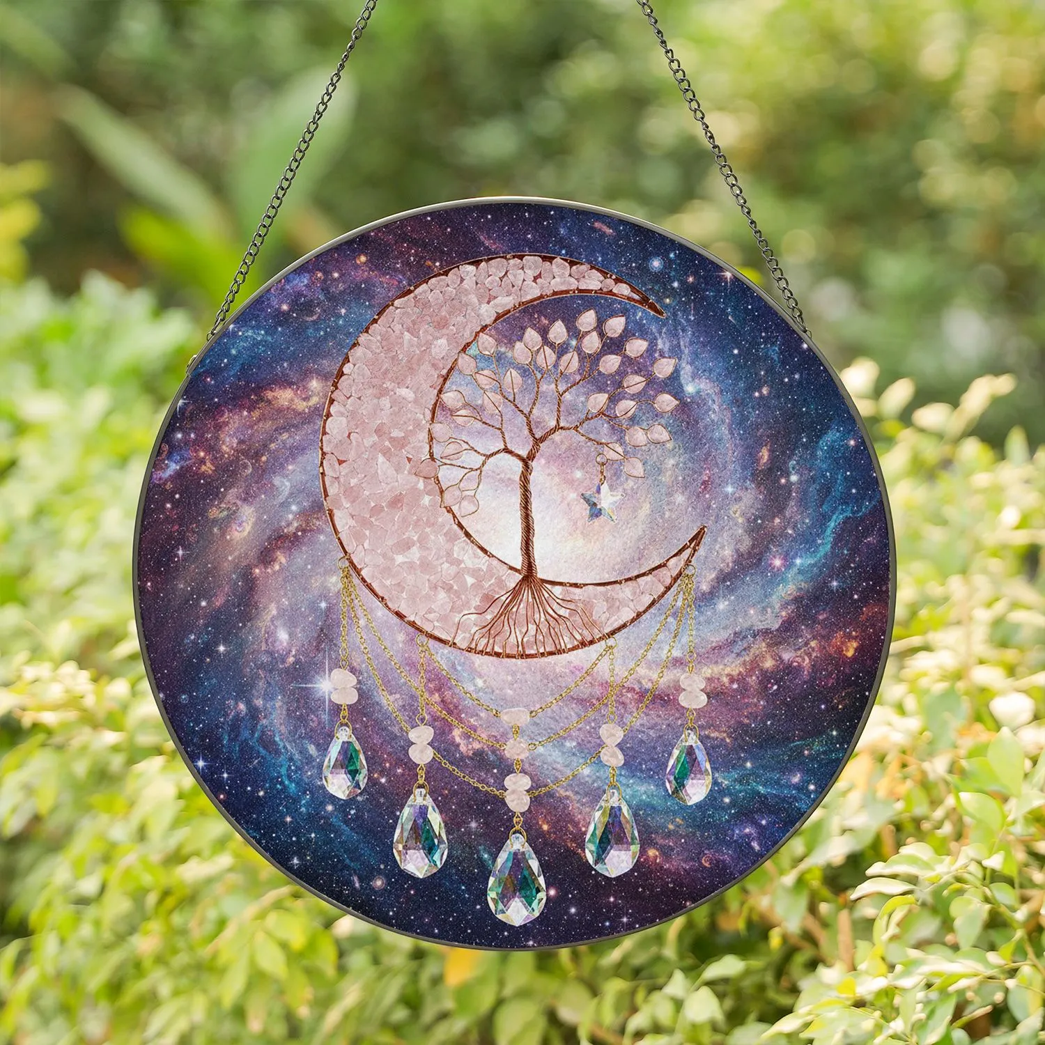 Crescent Moon Wire Tree Star Cosmic Sky - Celestial Home Decor Gift Stained Glass Suncatcher - 1