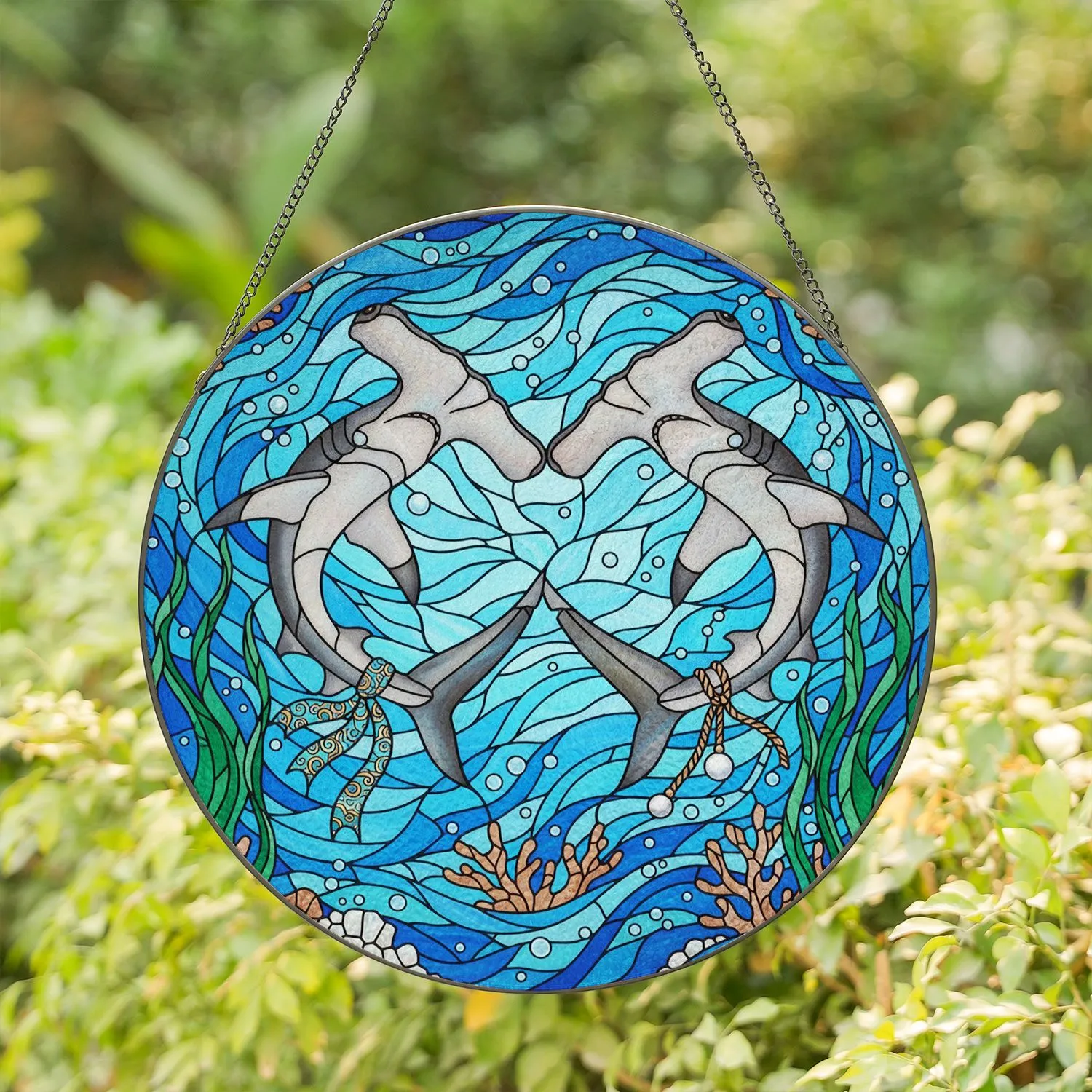 Hammerhead Shark Heart Ocean Currents Coral Home Decor Gift for Ocean Lovers Stained Glass Suncatcher - 1