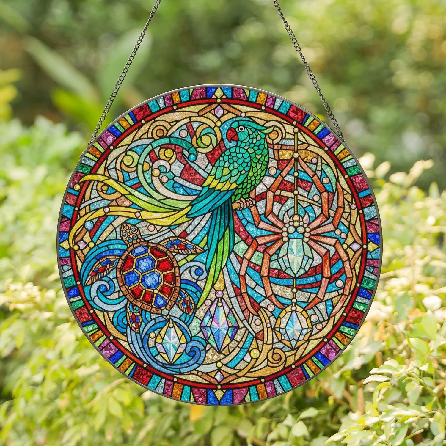 Jeweled Parrot Turtle Spider Stained Glass - Home Decor Wildlife Lover Gift Stained Glass Suncatcher - 1