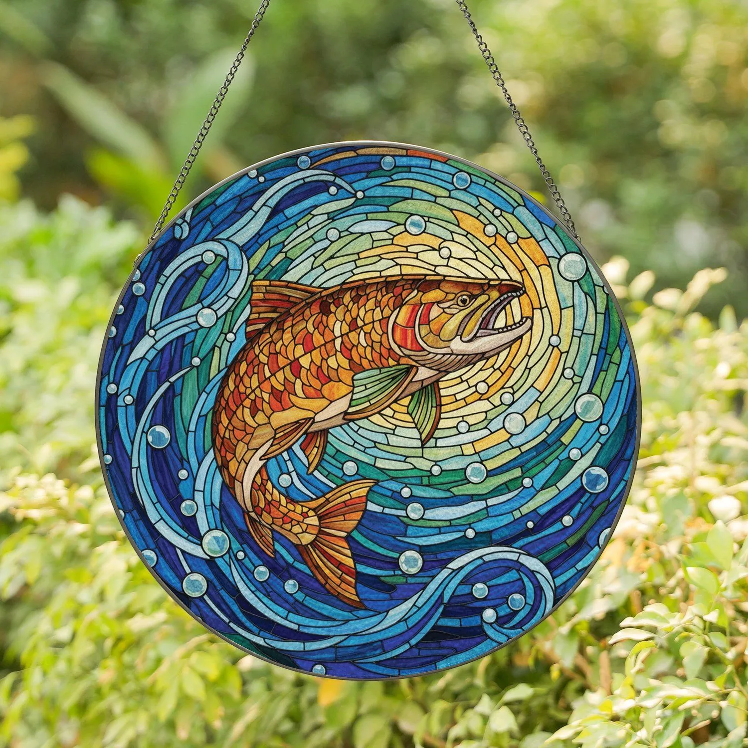 Robust Fish Stained Glass Flowing Water Depths - Wildlife Lover Home Decor Gift Stained Glass Suncatcher - 1