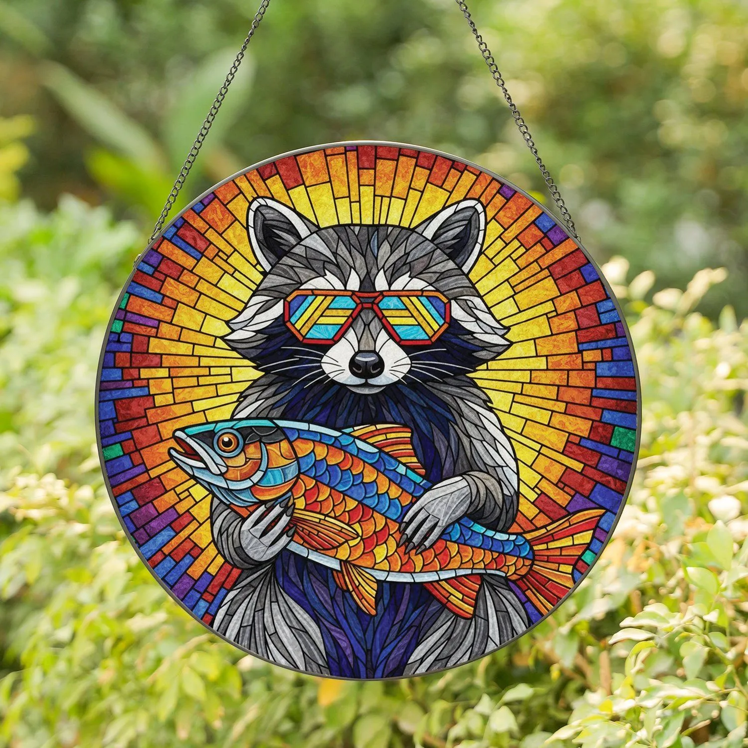 Raccoon Geometric Sunglasses Fish Mosaic - Wildlife Lover Home Decor Gift Stained Glass Suncatcher - 1