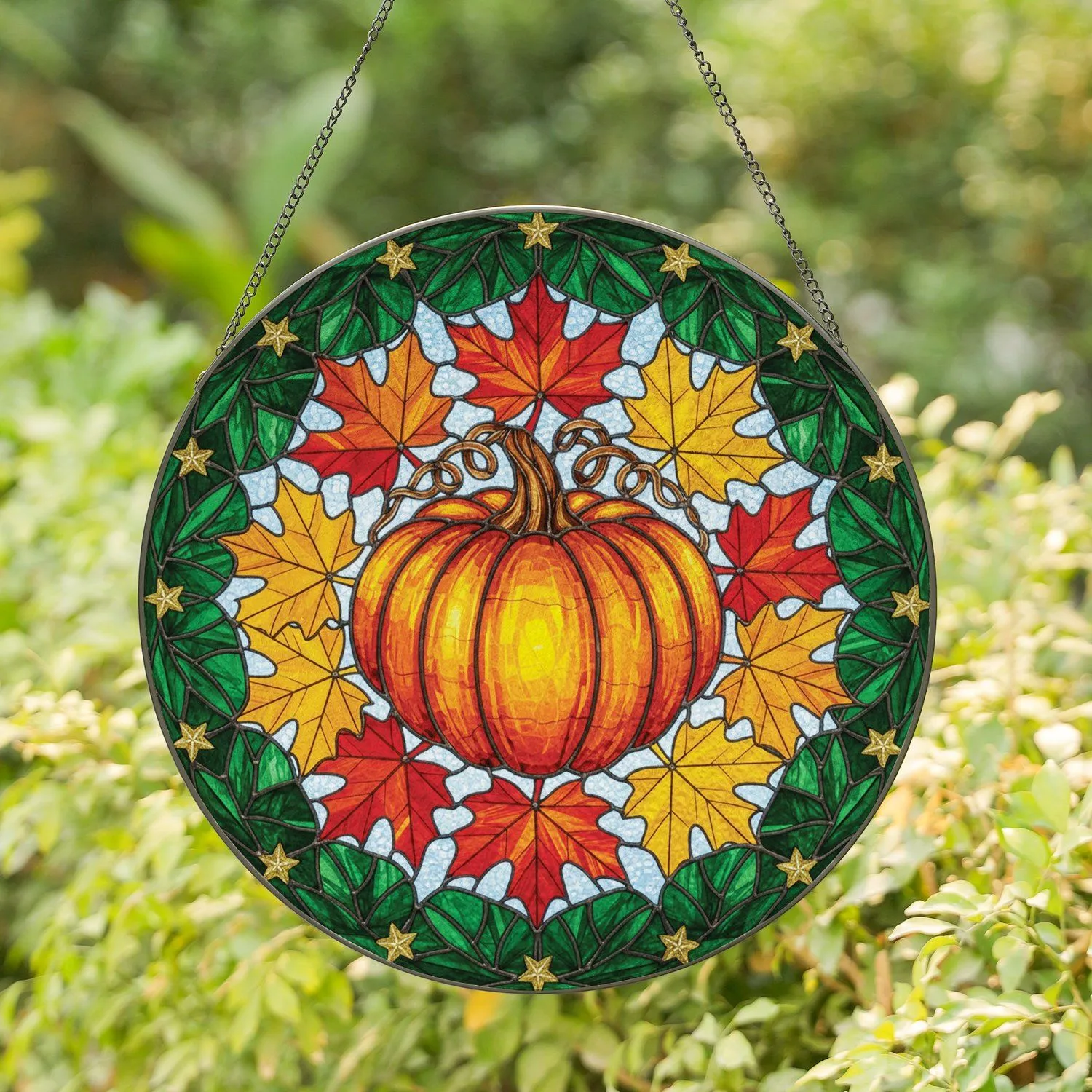 Large Plump Autumn Pumpkin Maple Leaves - Luminous Sky Fall Home Decor Gift Stained Glass Suncatcher - 1