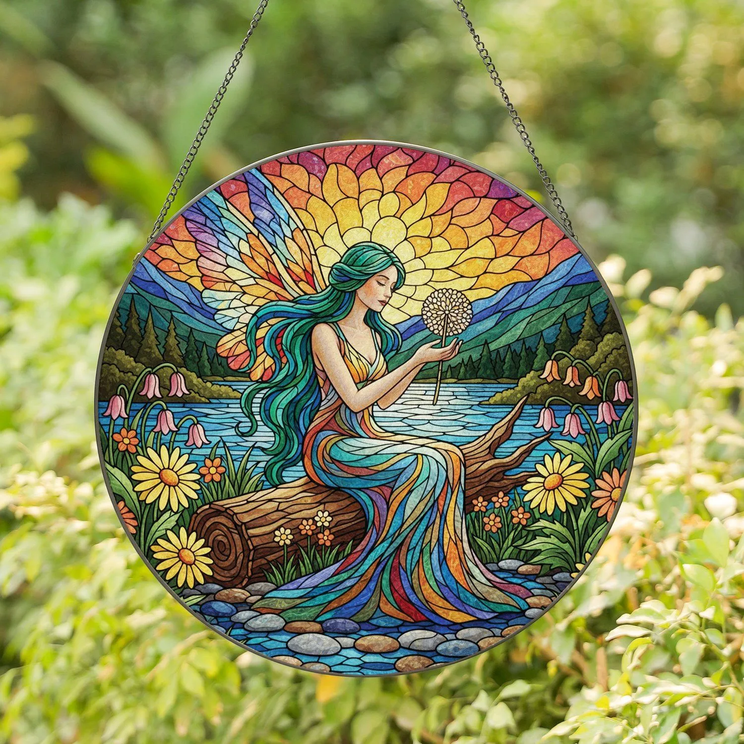 Ethereal Woman Butterfly Wings Dandelion Wildflowers Mountains - Home Decor Gift Stained Glass Suncatcher - 1