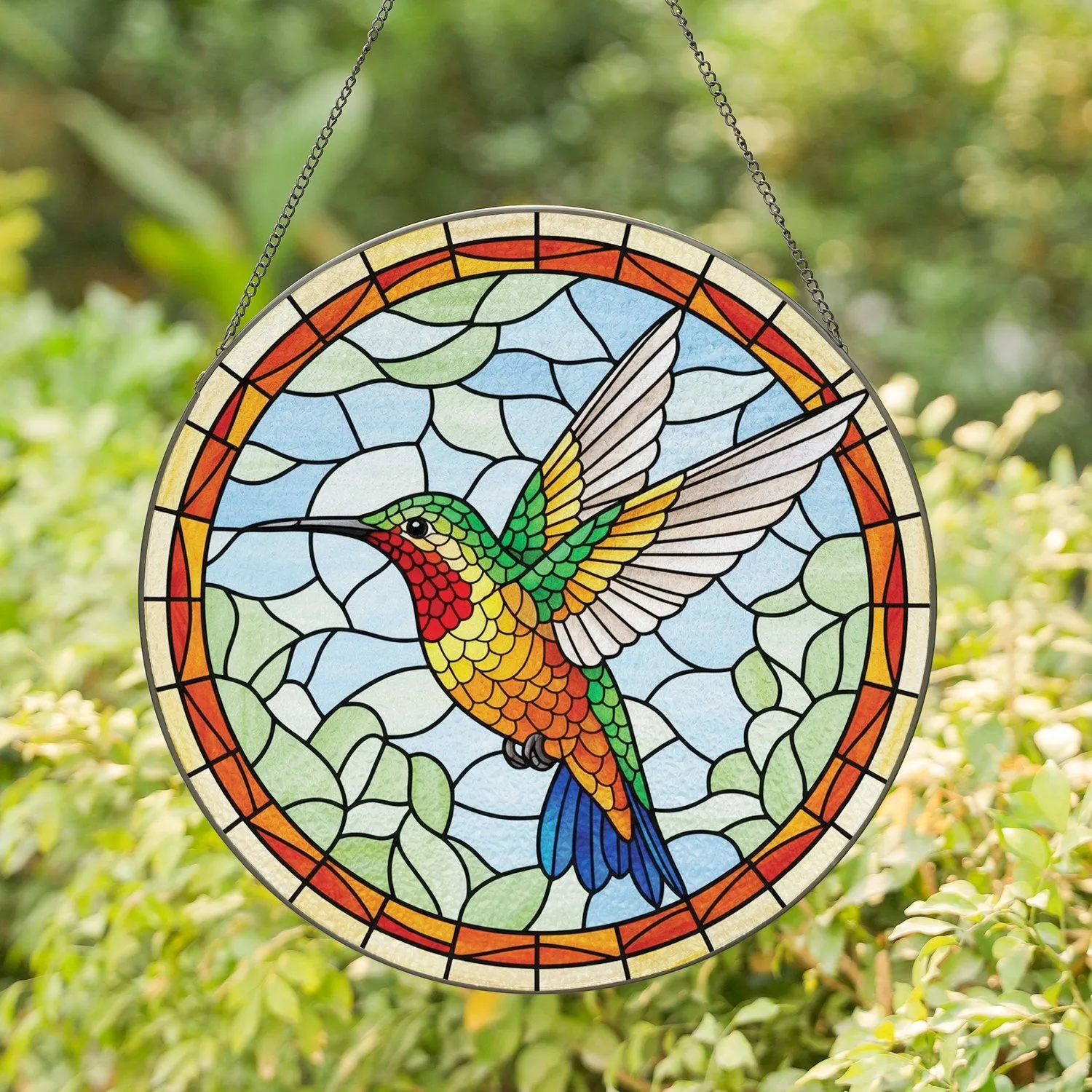 Hummingbird Mid-Flight Circular Frame Sky Foliage - Home Decor Wildlife Gift Stained Glass Suncatcher - 1