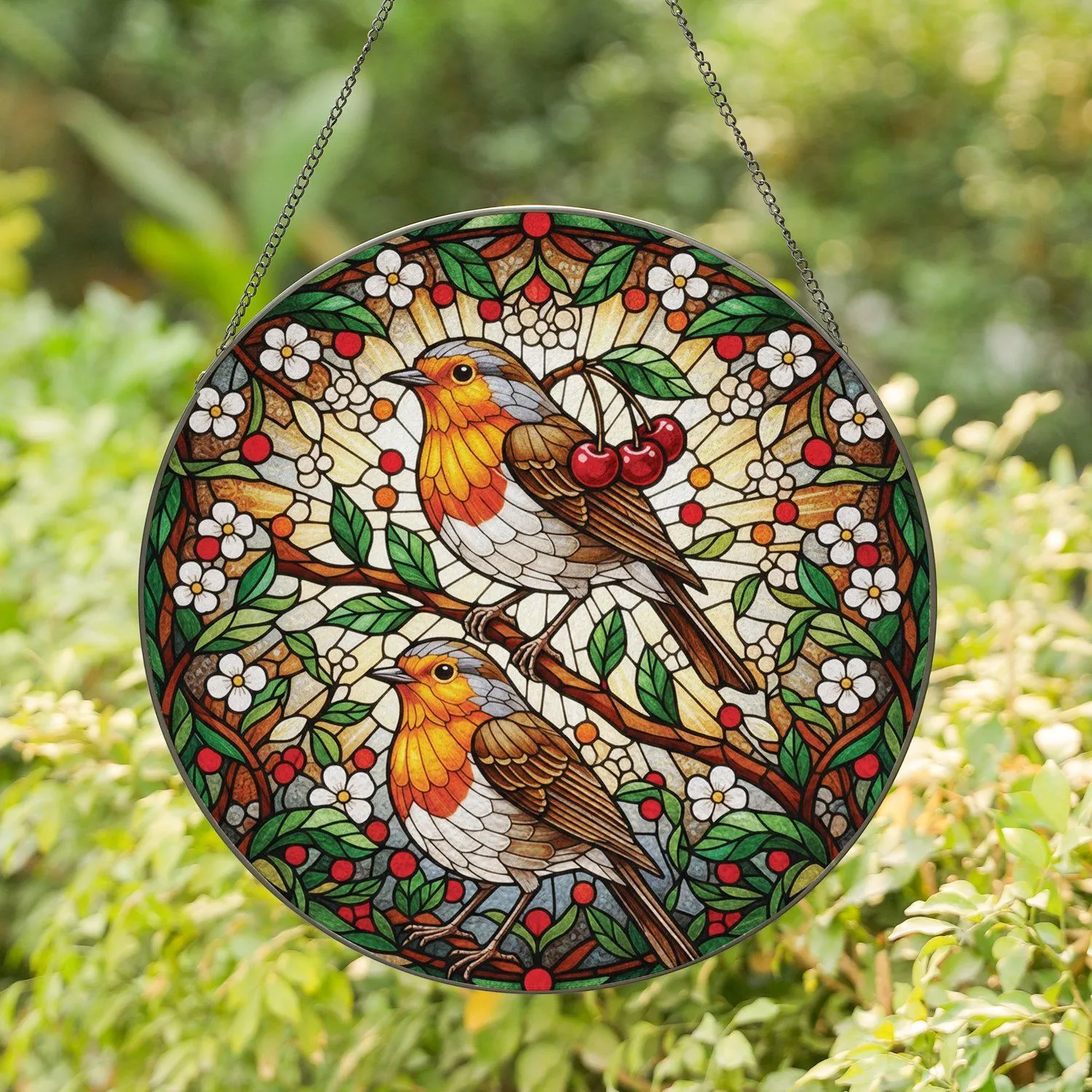 European Robins Cherry Spring Foliage Floral Mosaic - Home Decor Gift for Bird Lover Stained Glass Suncatcher - 1