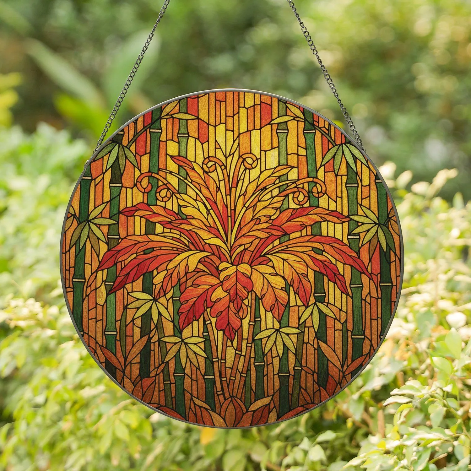 Sunlight Filtering Reeds Forest Leaves Bamboo Geometric Mosaic - Home Decor Gift Stained Glass Suncatcher - 1